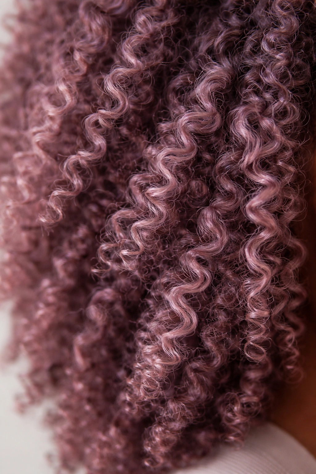 Close-up of coily hair dyed dusty mauve pink, showing subtle iridescence on curls