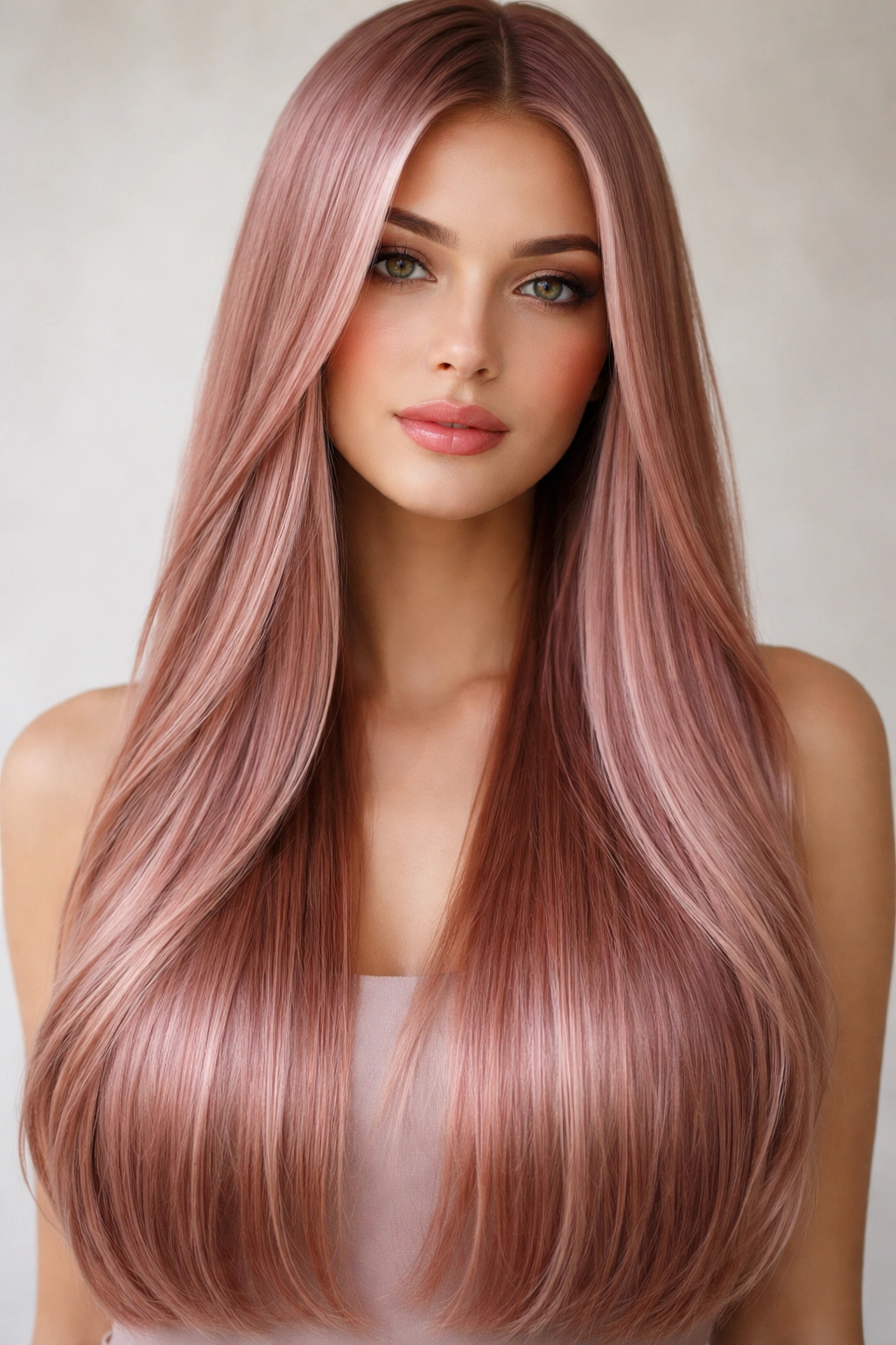 Close-up of straight hair in dusty rose blonde with rose and mauve undertones and dimensional shine.