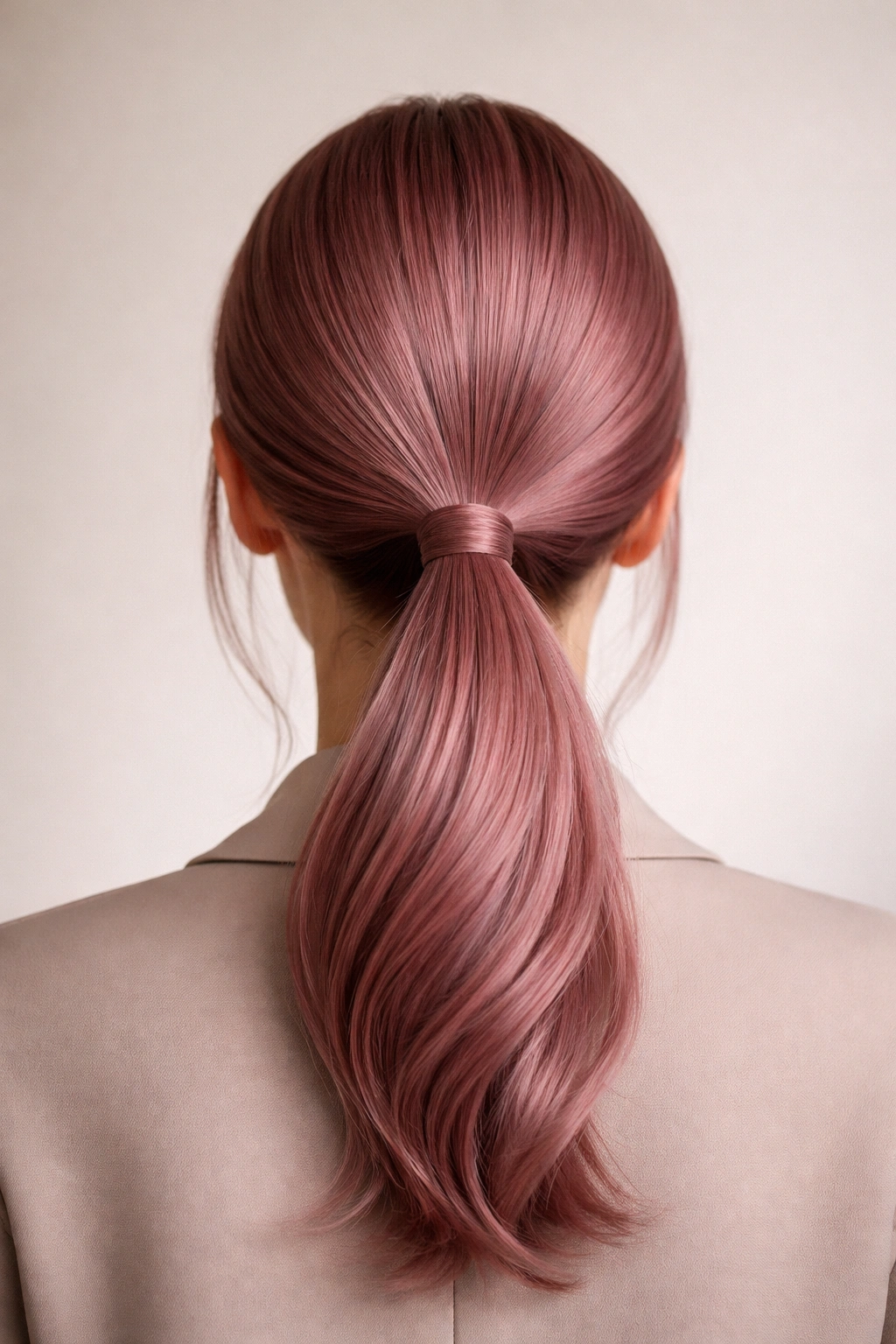 Dusty rose low ponytail at nape with smooth sleek finish