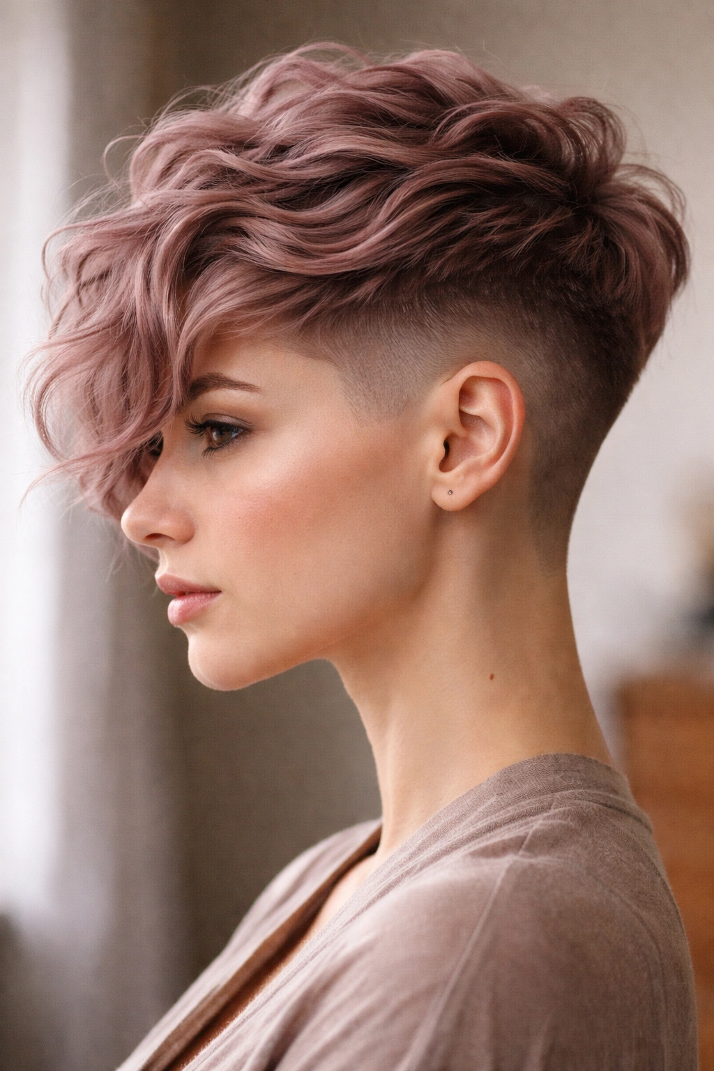 Dusty rose cropped waves with disconnected undercut in side profile