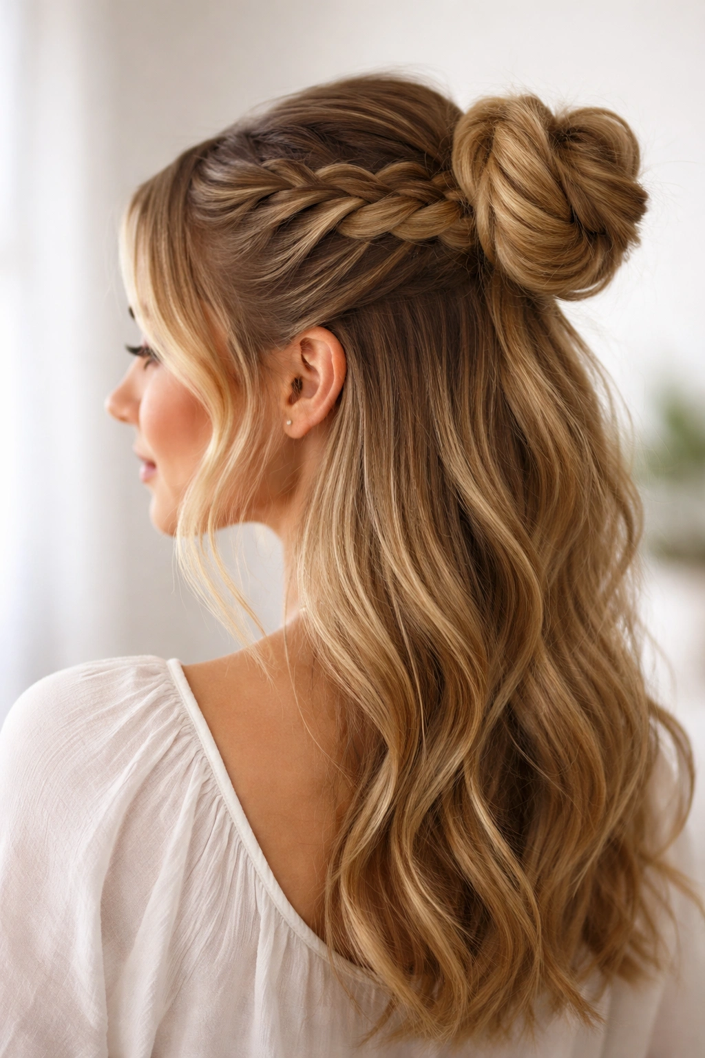 Half-up Dutch braid forming a bun