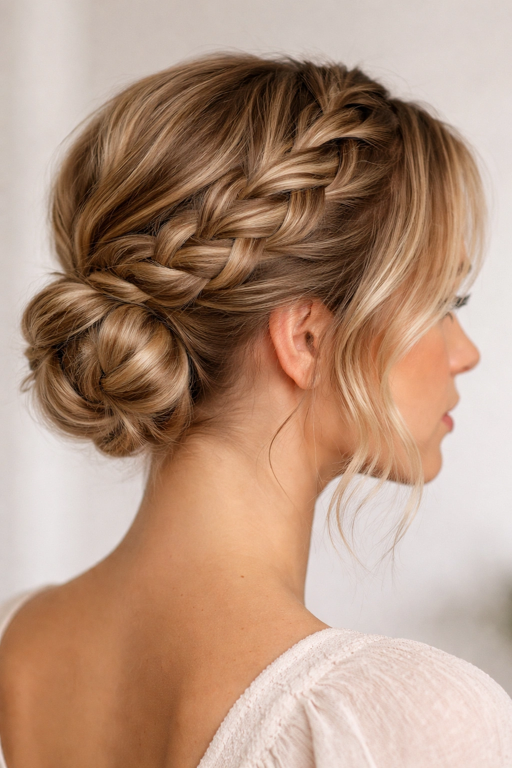 Profile view of a Dutch braid wrapped into a low bun on short wavy hair