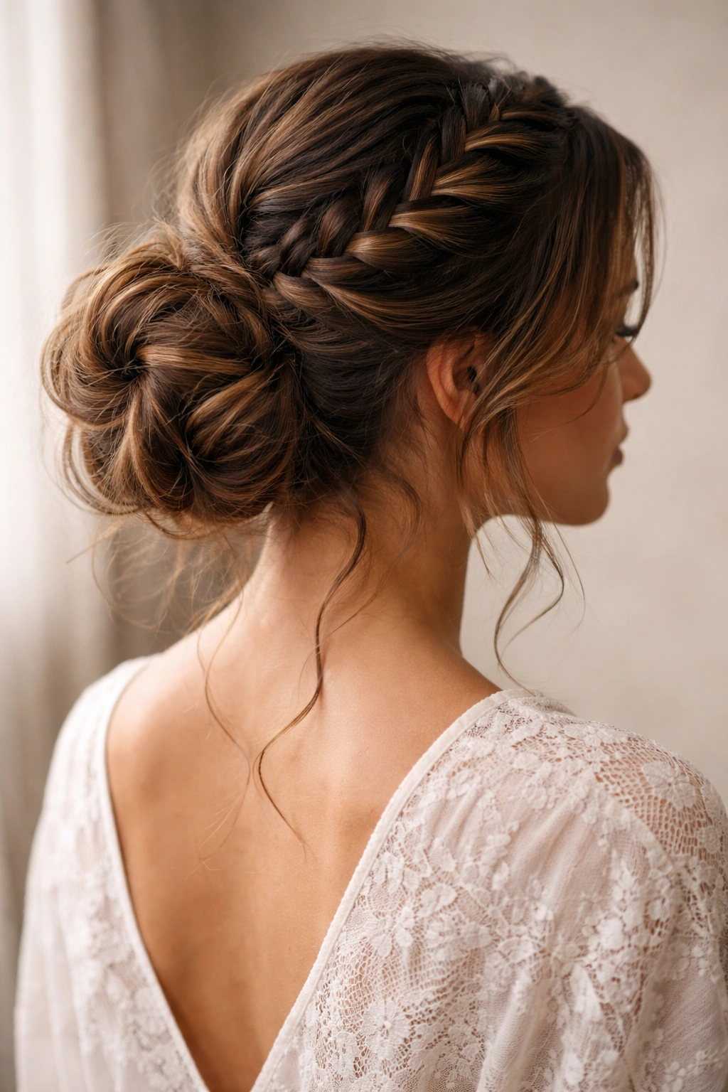 Close-up of thick wavy hair showing a Dutch braid into a bun
