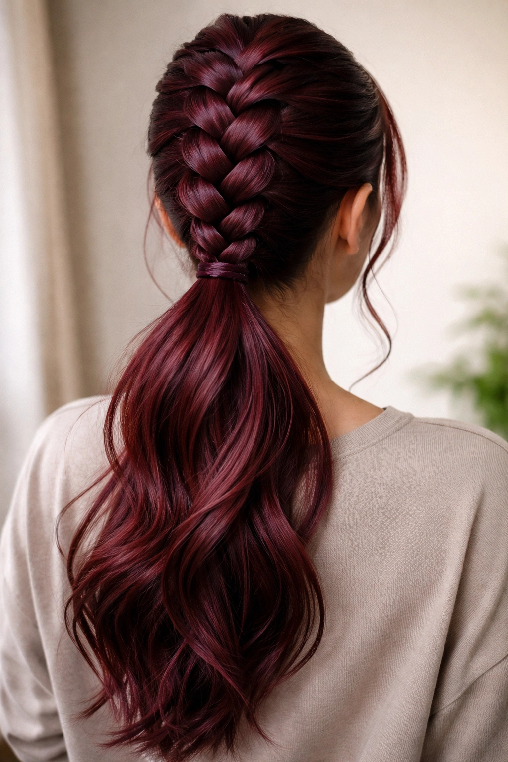 Back view of burgundy hair with raised Dutch braid to ponytail