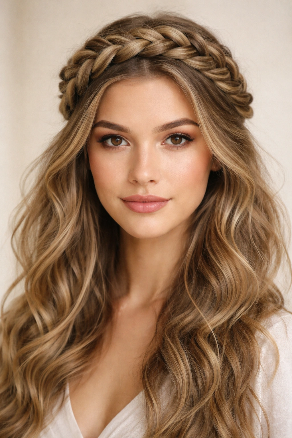 Head-on view of Dutch braid crown with waves