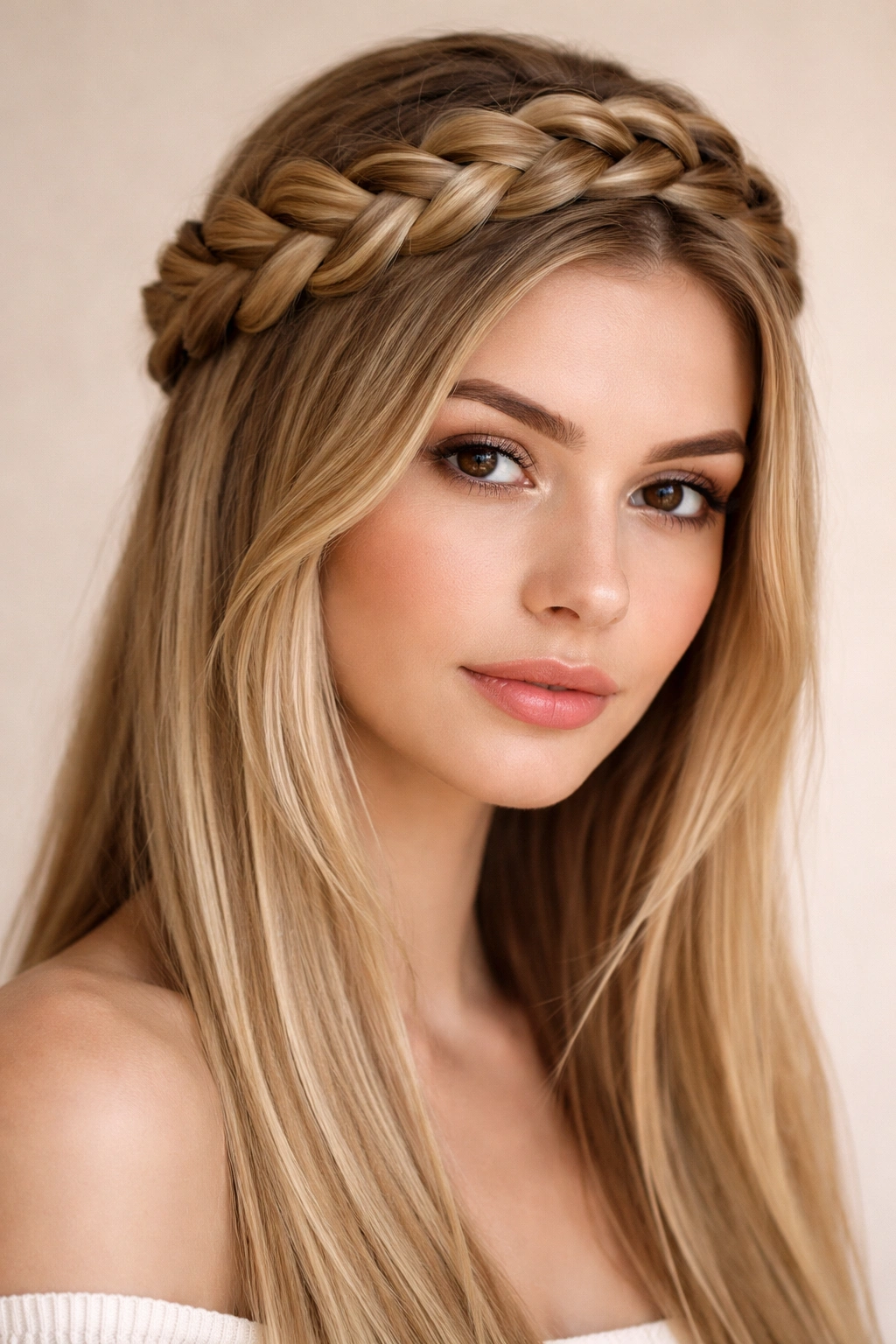 Close-up of a crown-shaped Dutch braid around the head on straight hair