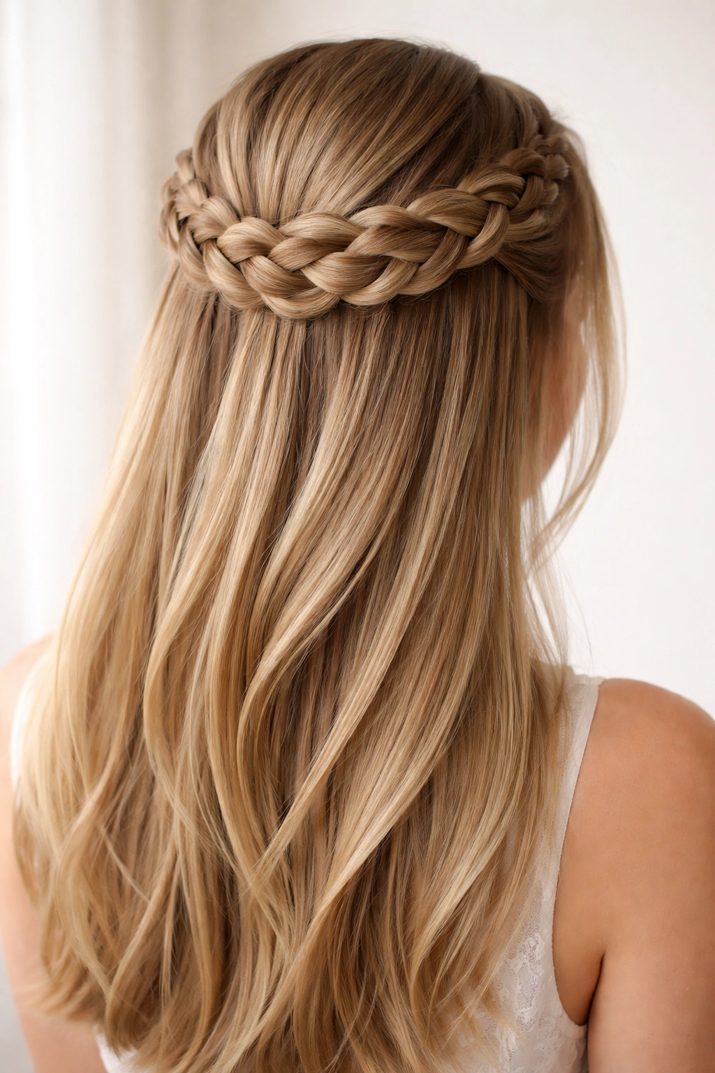 Dutch braided crown around the back of the head on straight hair