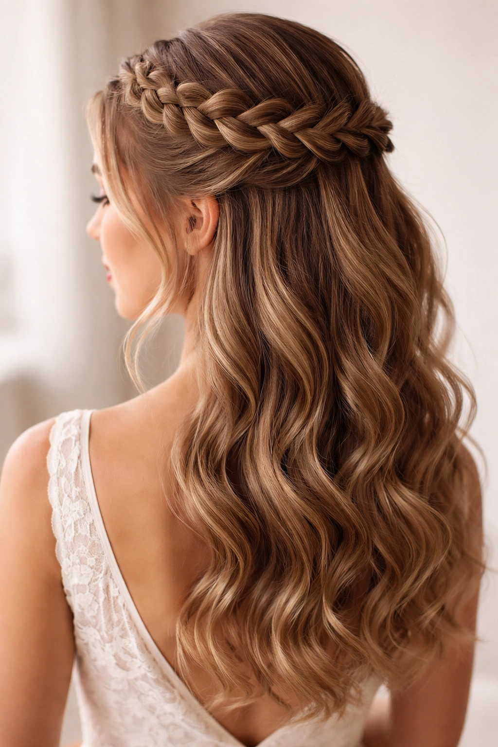 Close-up of a bridal hairstyle with a Dutch braid crown and loose waves