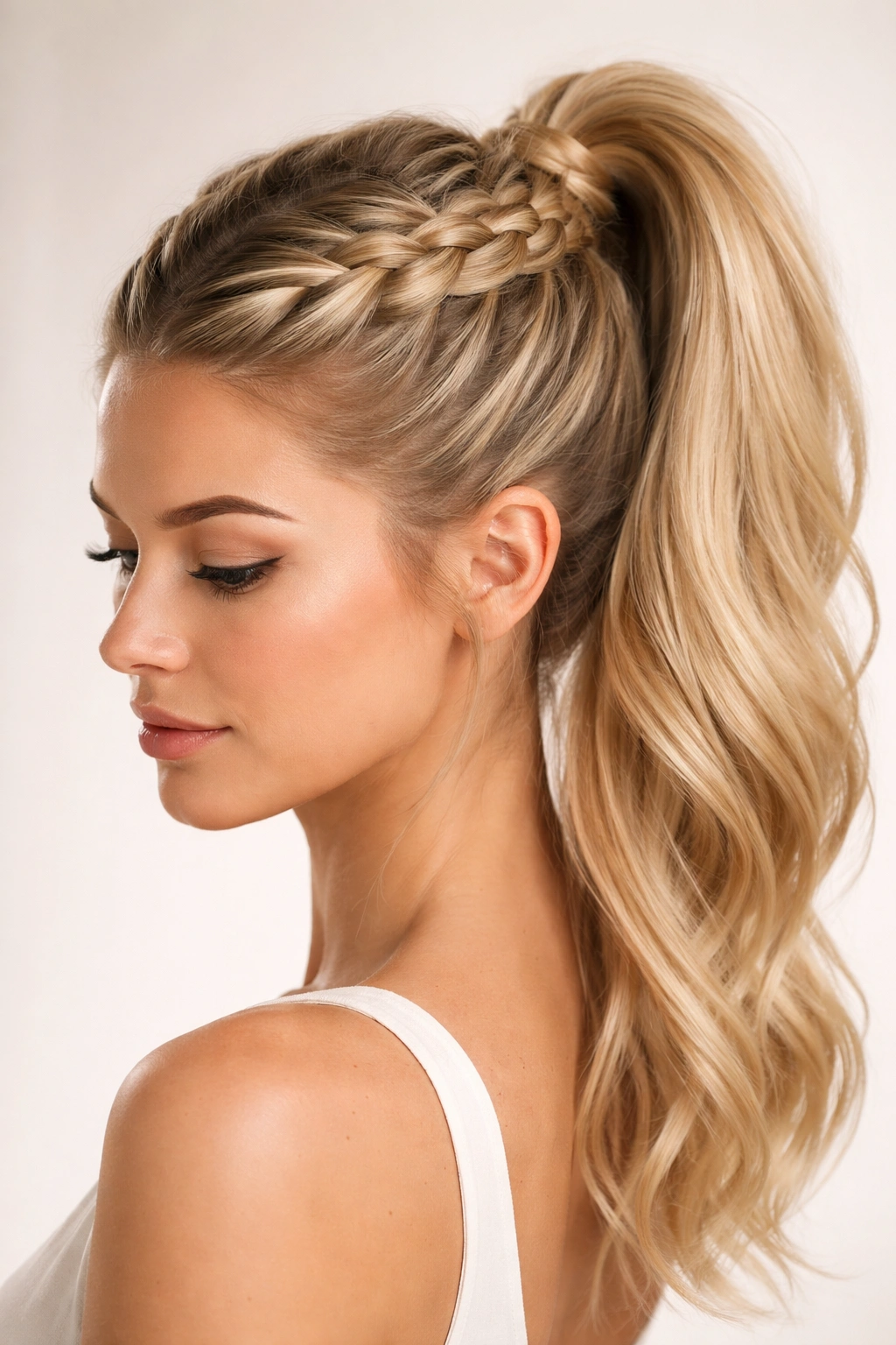 Dutch braid crown across scalp with attached high ponytail
