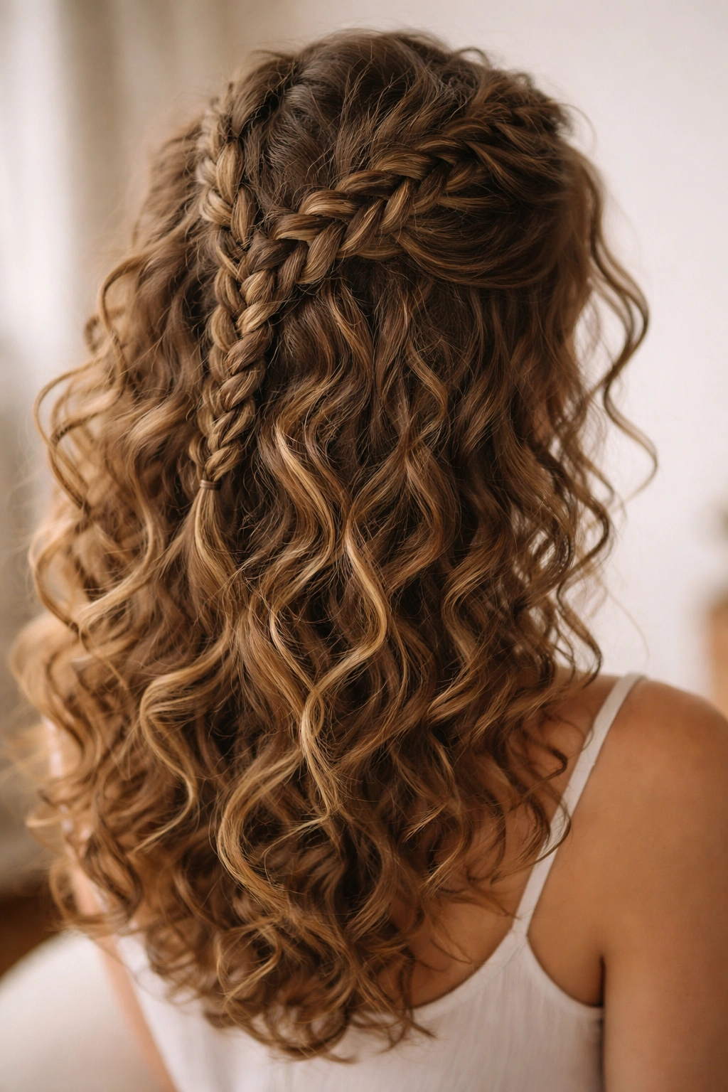 Curly crown with Dutch braid framing the top of the head