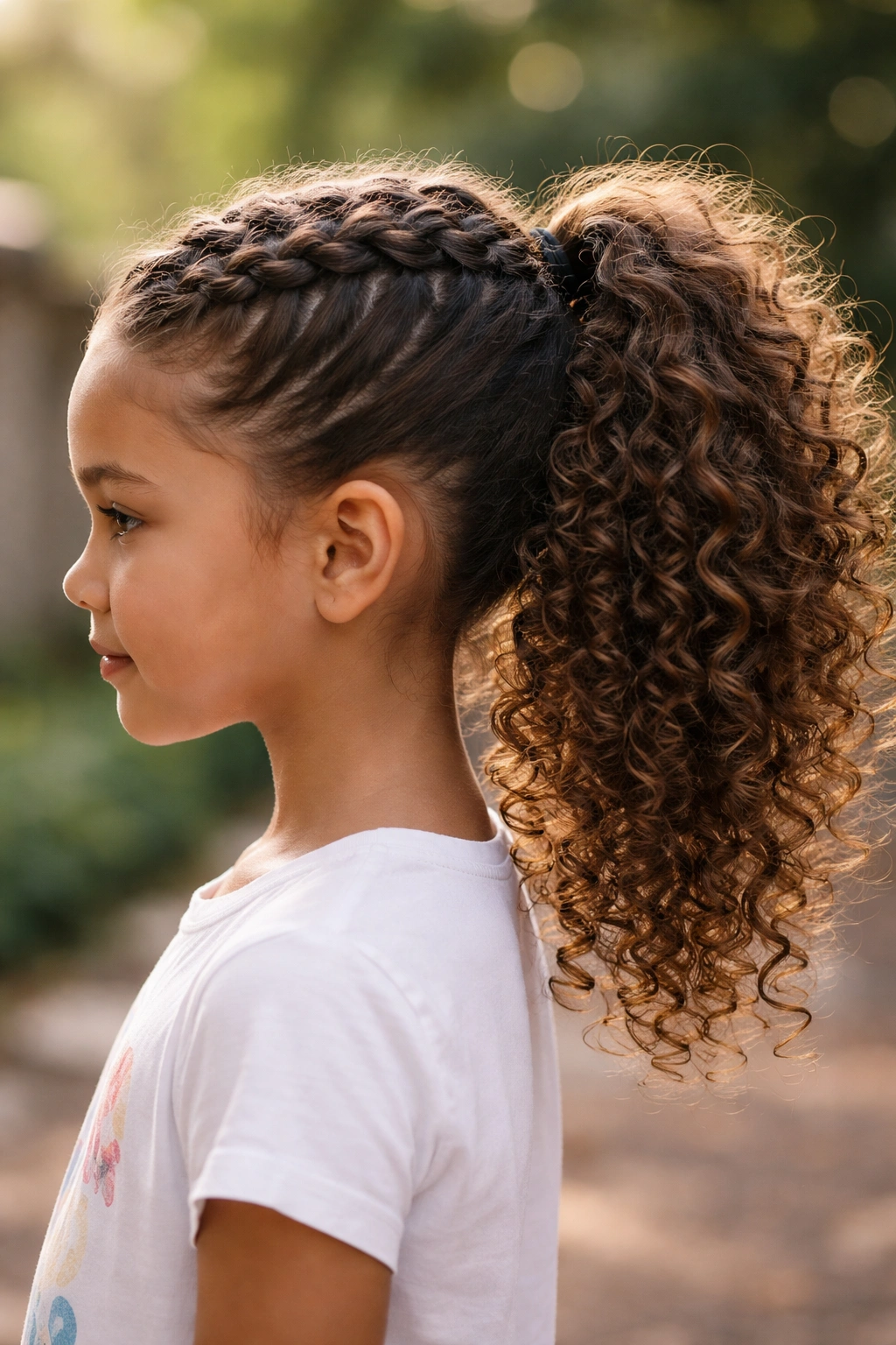 Dutch braid over curly hair transitioning into a ponytail