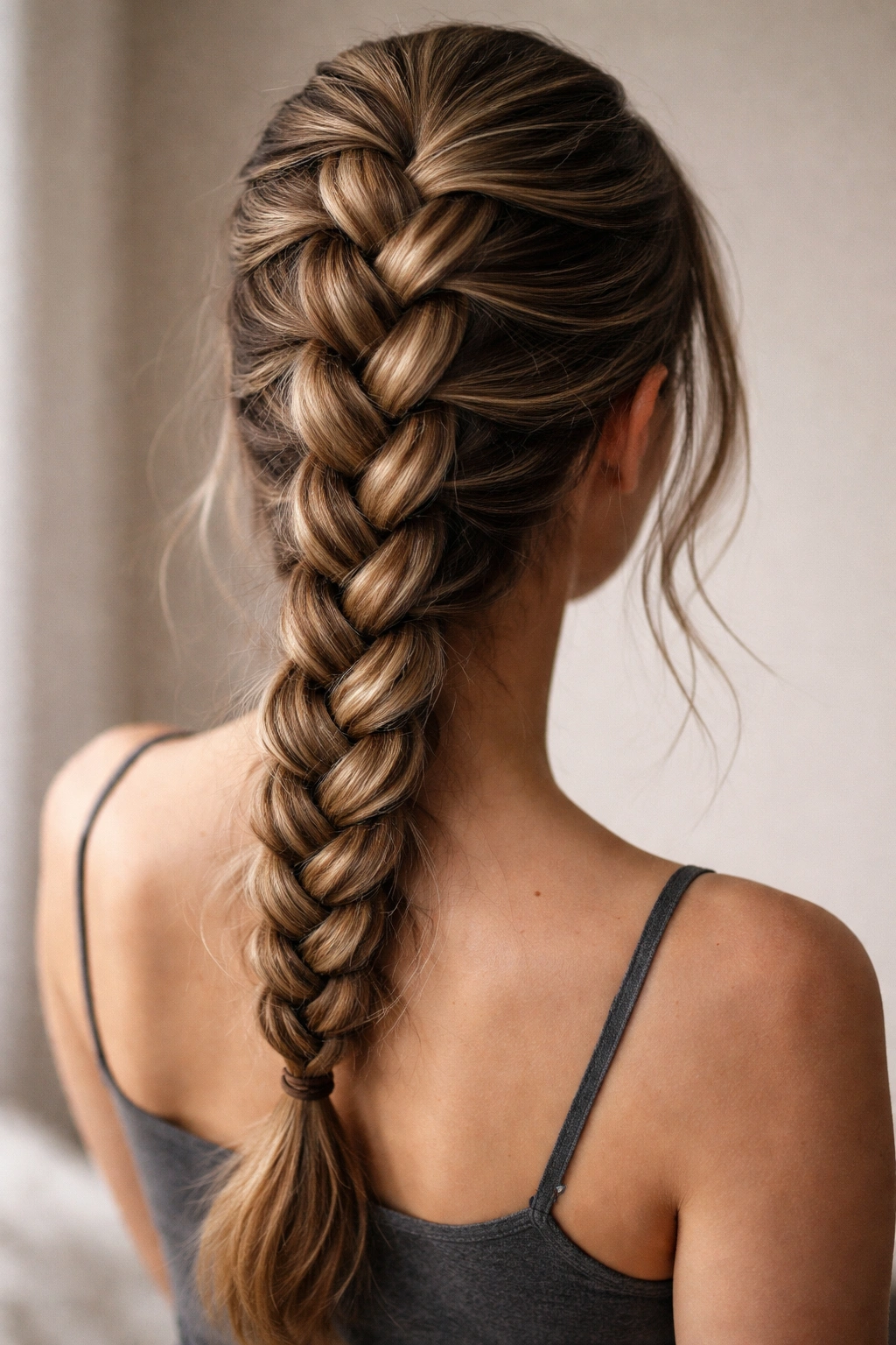 Back view of a raised Dutch braid with deep texture on second-day hair.