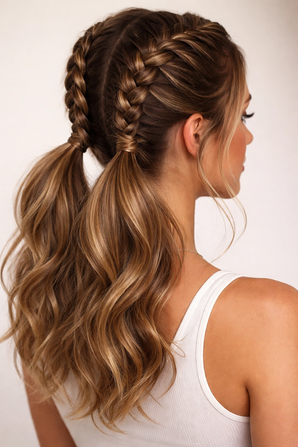 Dutch braided double ponytail with braids converging at the back