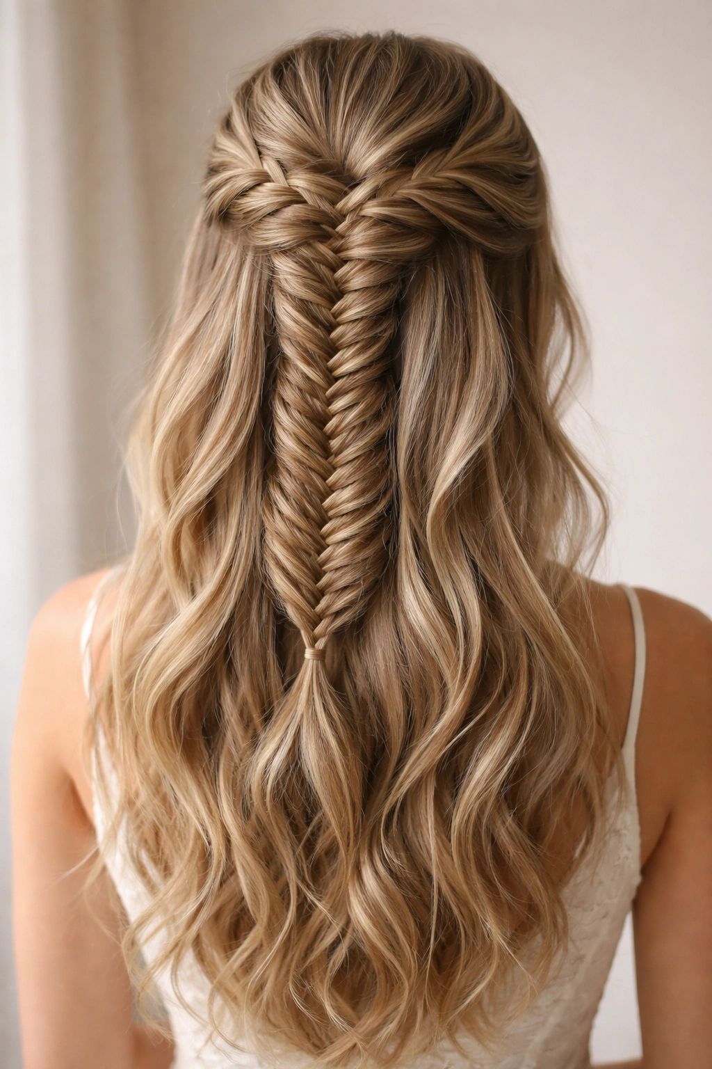 Dutch braid transitioning into fishtail half-up on crown