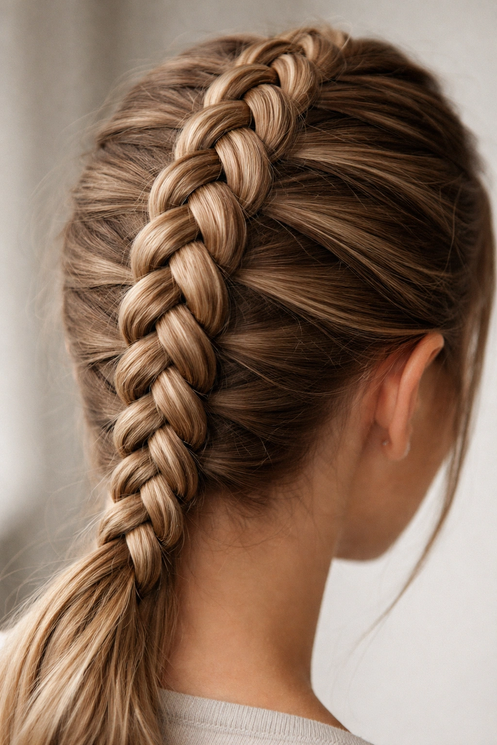 Close-up of a tight Dutch braid along the scalp highlighting raised 3D structure and frizz control