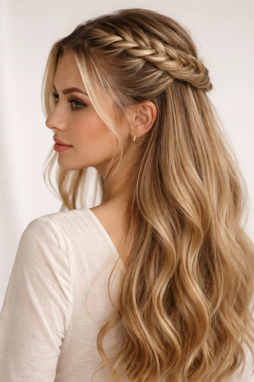 Front/side view of a long-haired model with a Dutch braid half-up style