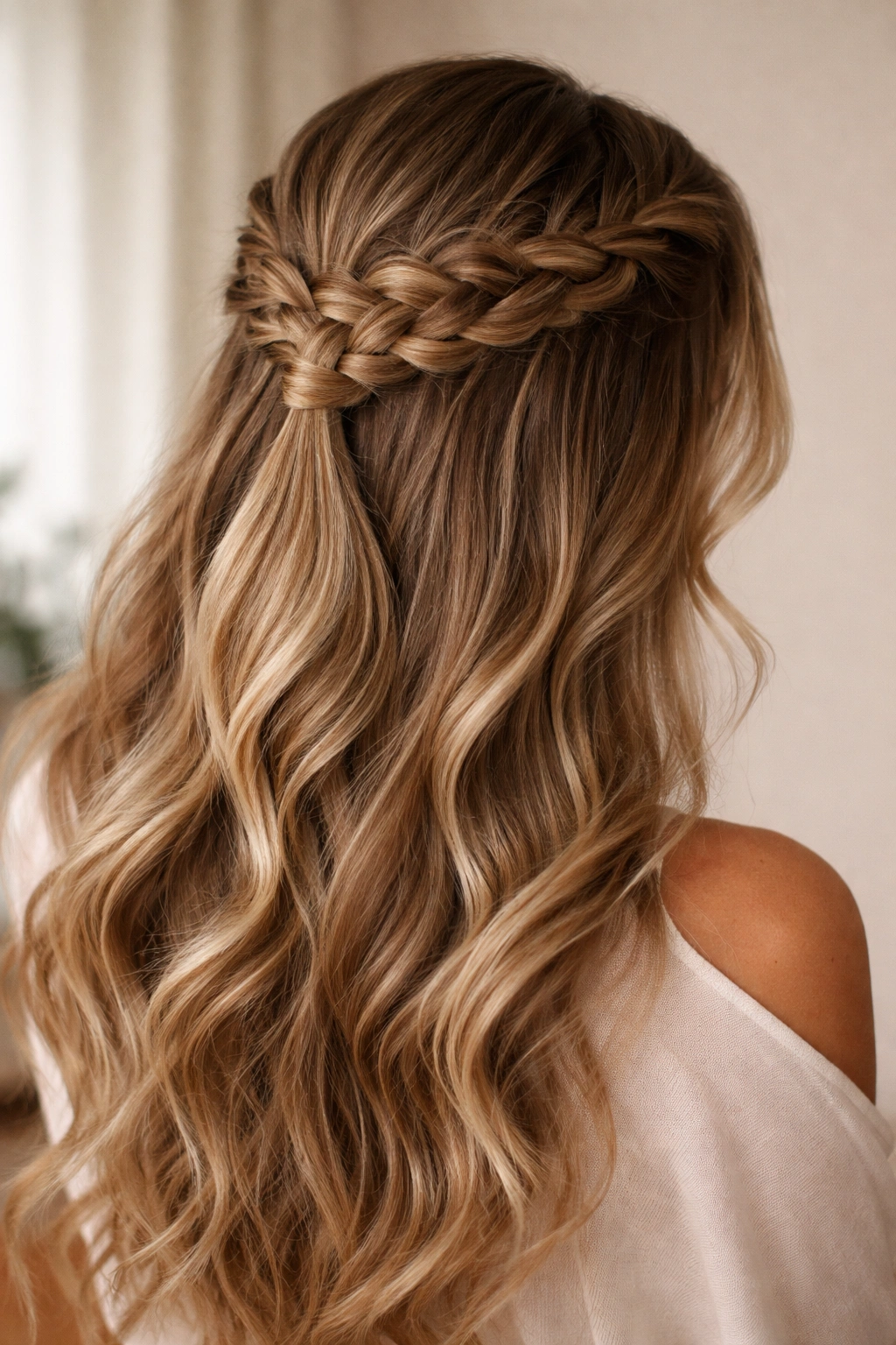 Dutch braid half-up with raised crown and loose waves