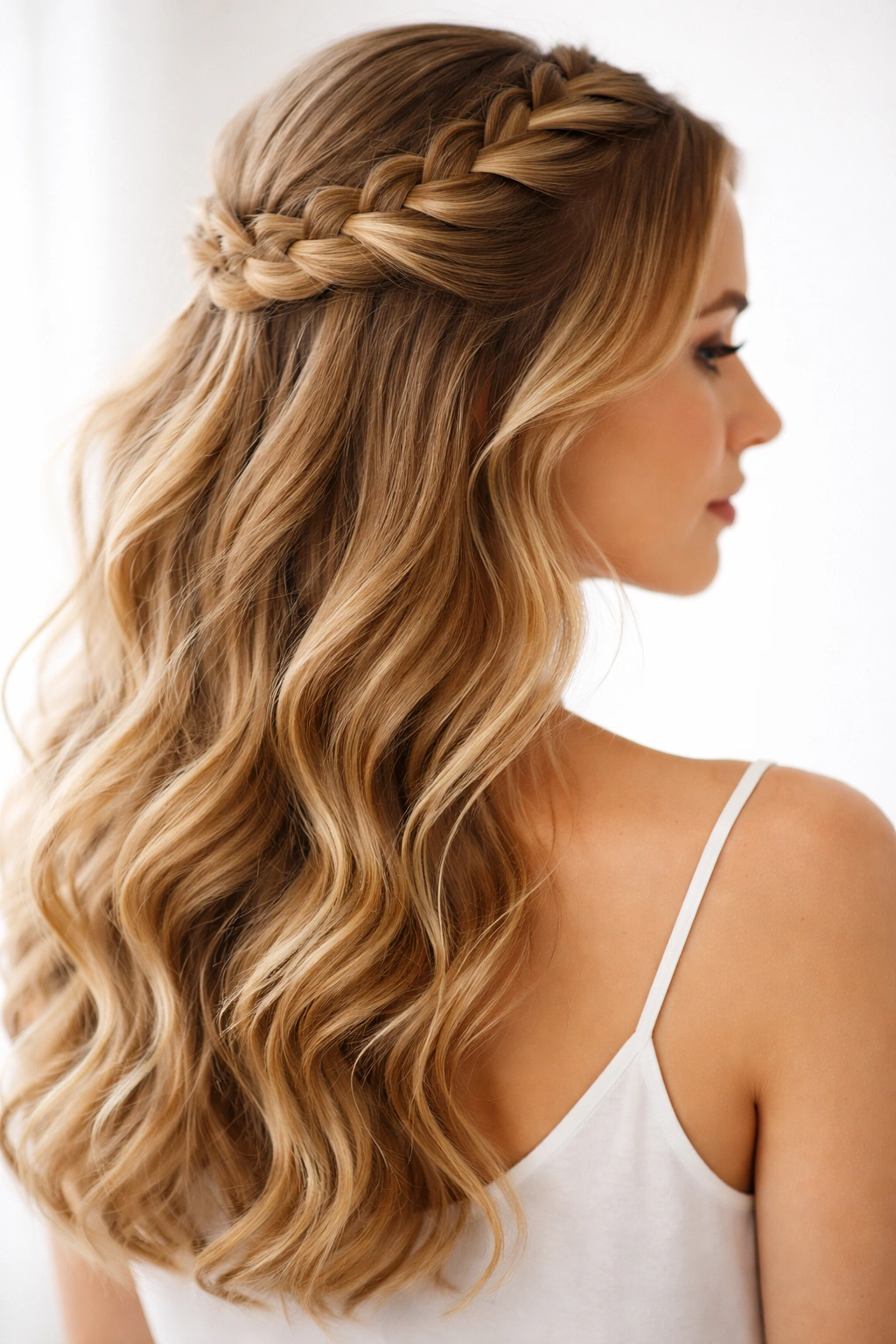 Portrait of a Dutch braid half up with raised braid texture