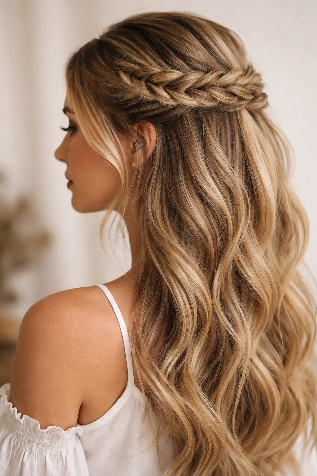 Side view of The Dutch Braid Half-Up with a raised crown braid.
