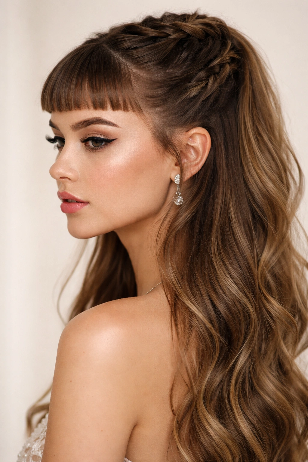 Dutch braid half-up with baby bangs and sleek texture