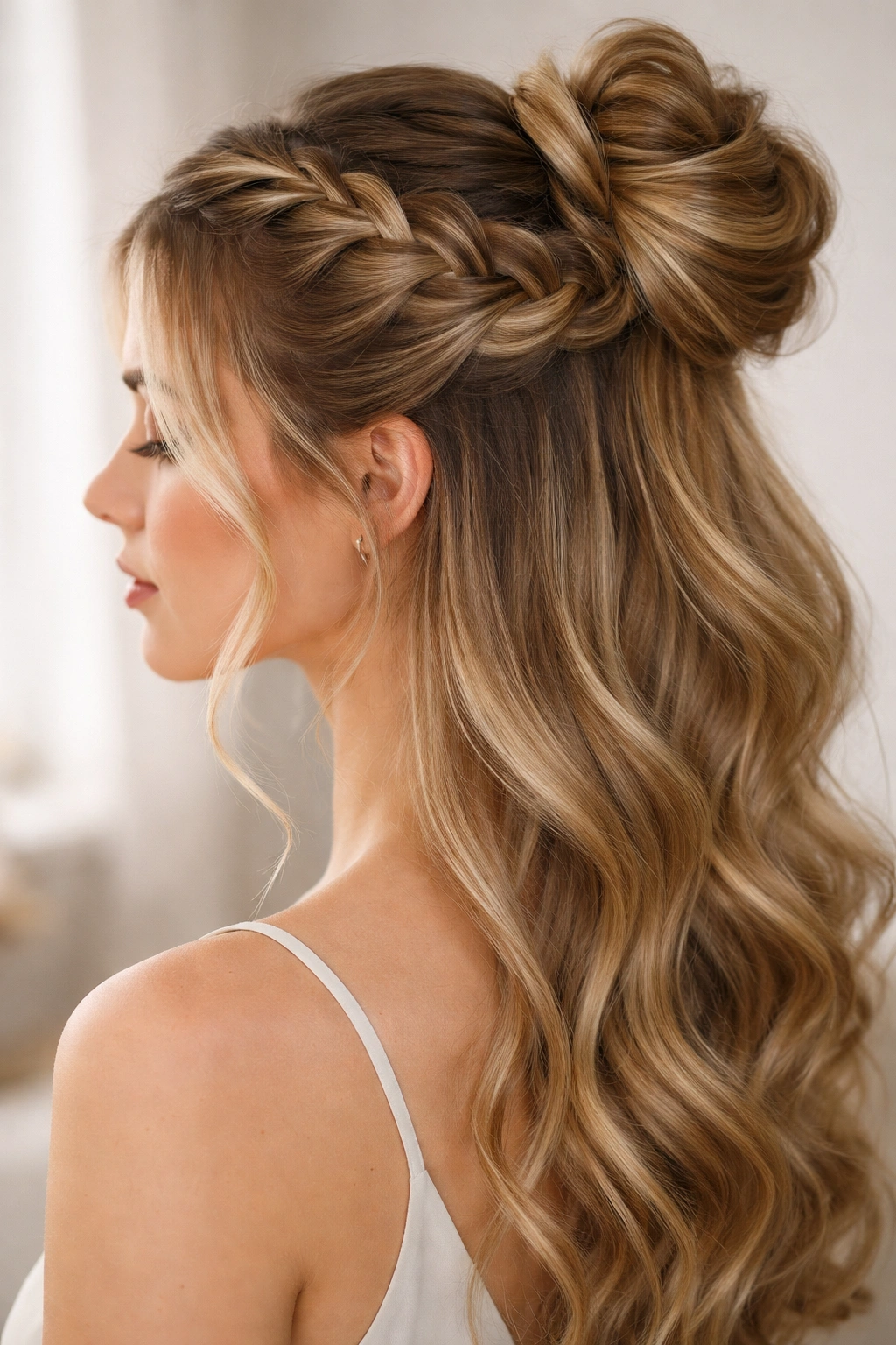 Dutch braid feeding into a crown bun for a textured half-up style