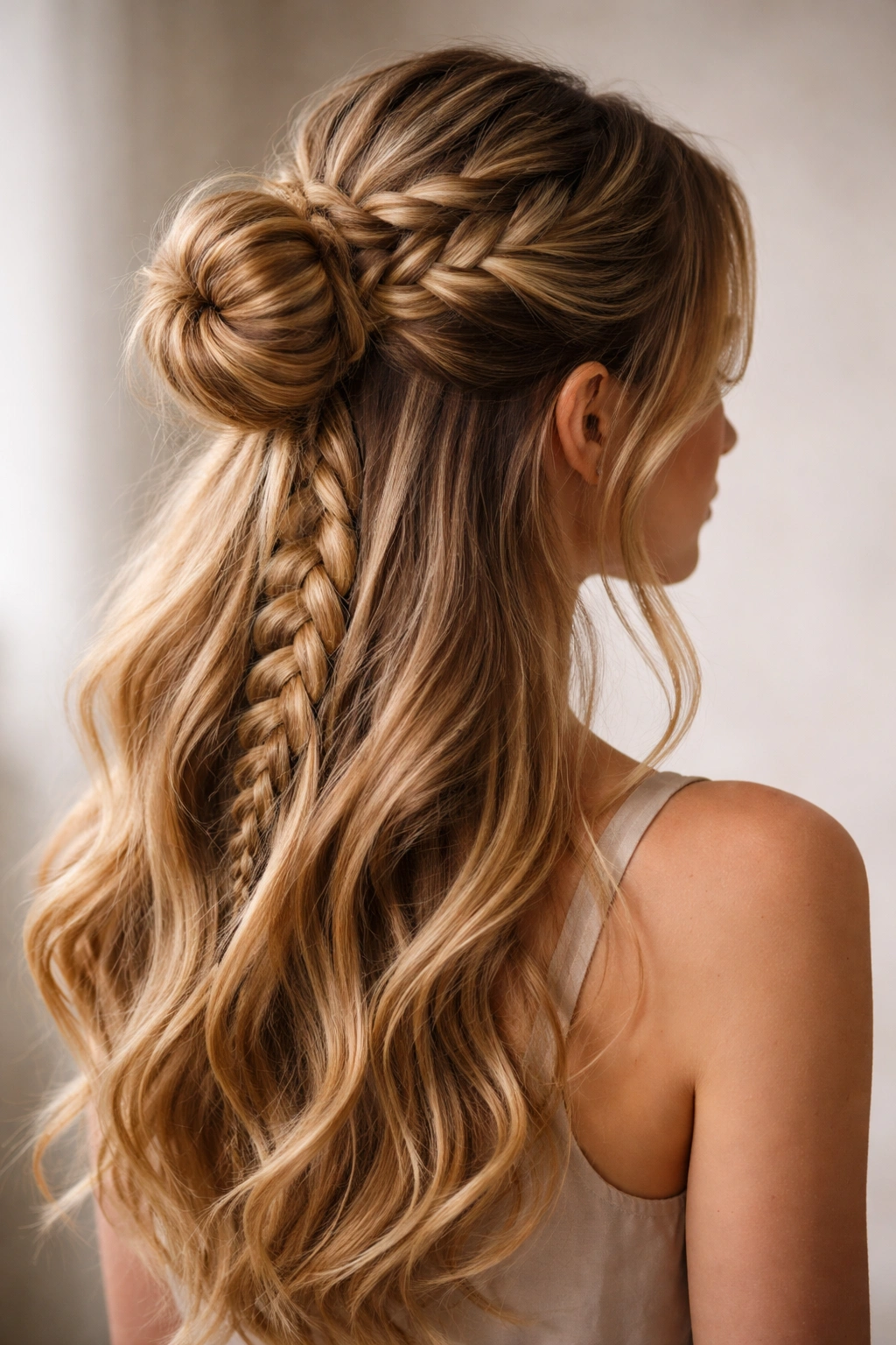 Dutch braid half-up bun with raised texture at crown