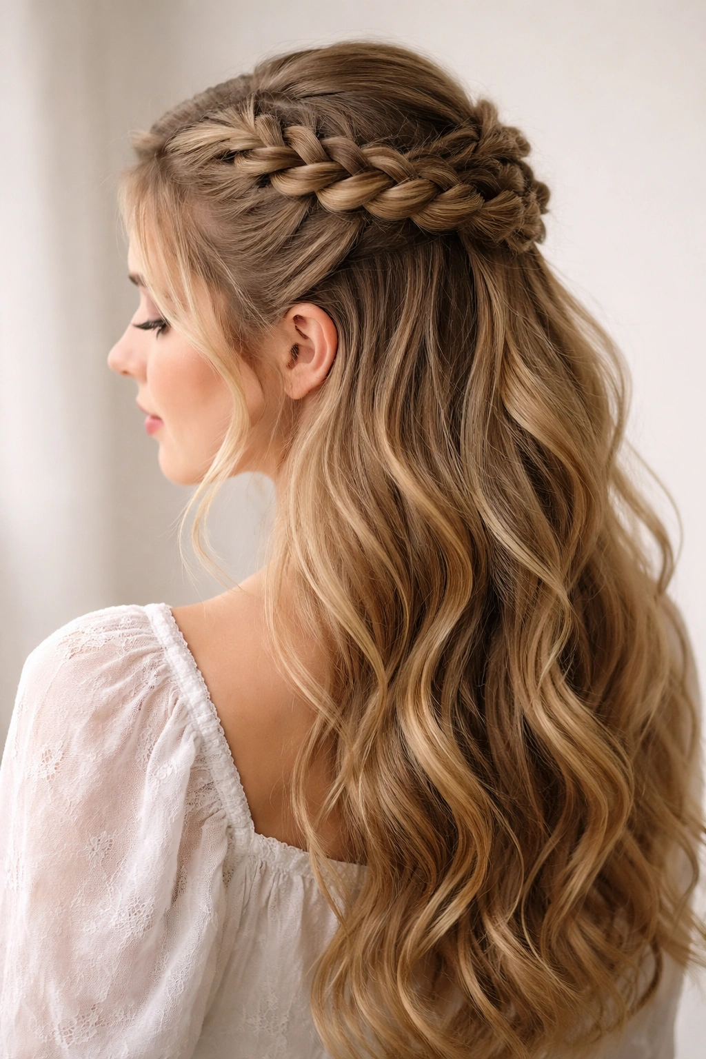 Close-up of a raised Dutch braided half-up hairstyle