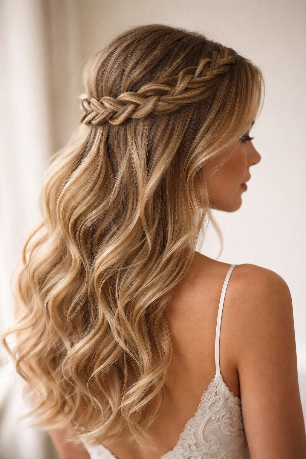 Dutch braid half-up hairstyle with top crown braid and loose waves below