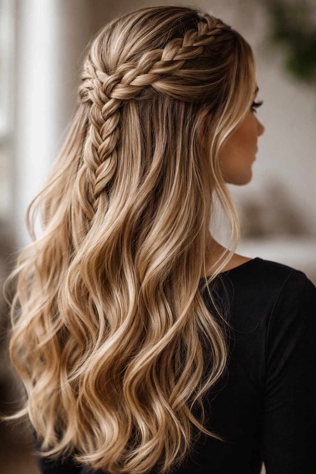 Dutch braid along the crown transitioning to flowing hair