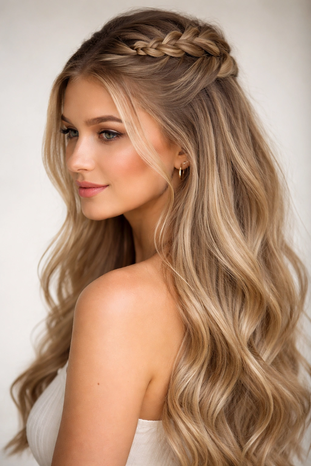 Single Dutch braid half up sitting on the crown with loose waves