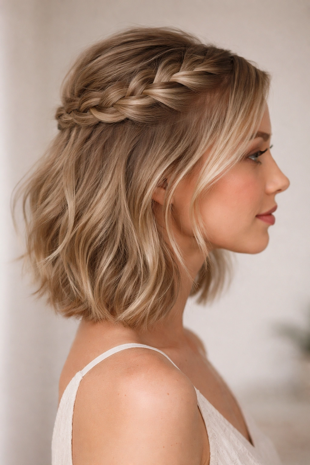 Profile view of one Dutch braid half-up on fine hair