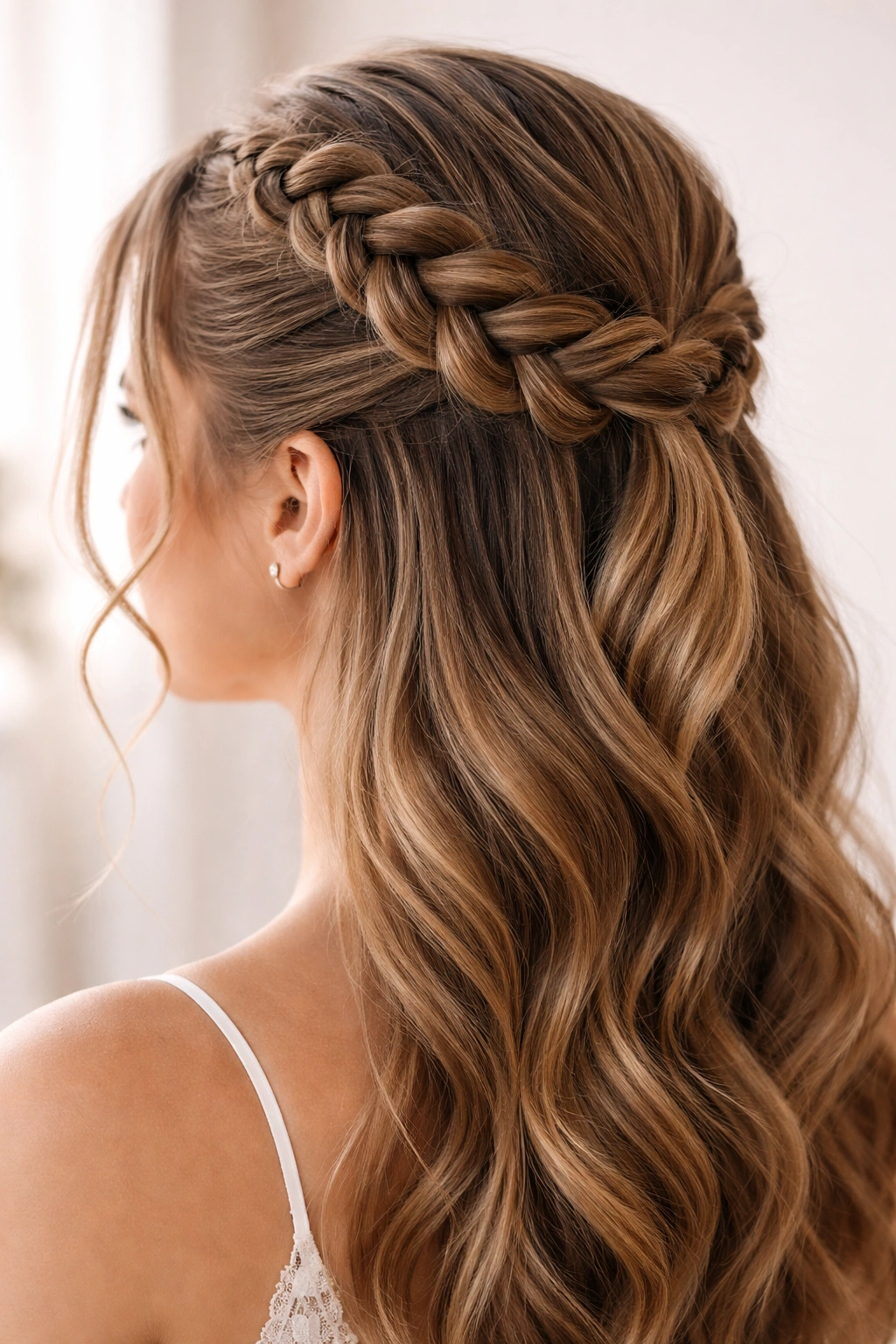 Close-up of a half-up hairstyle with a raised Dutch braid texture