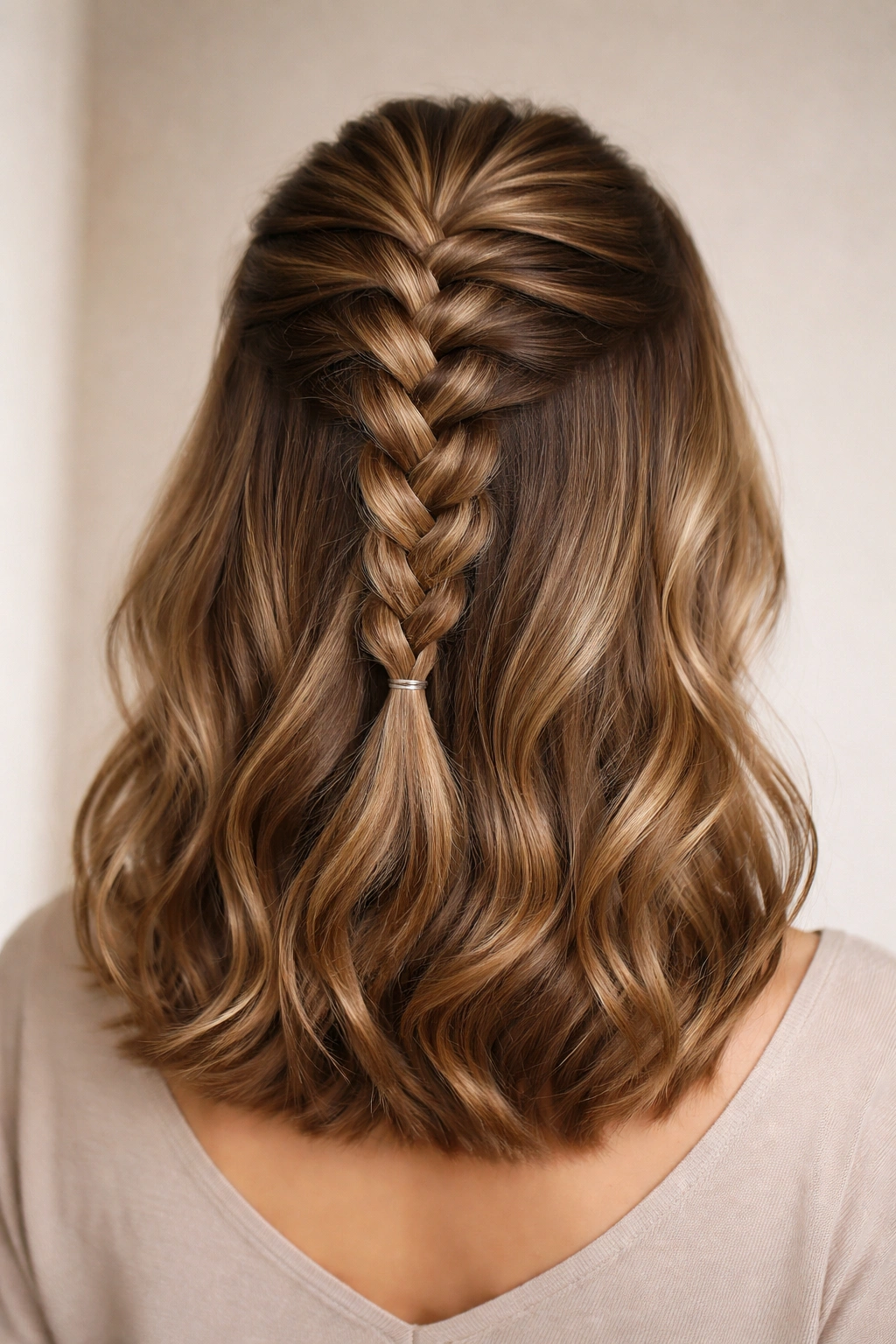 Top-of-head Dutch braid half-up on shoulder-length hair, braid raised above the scalp.