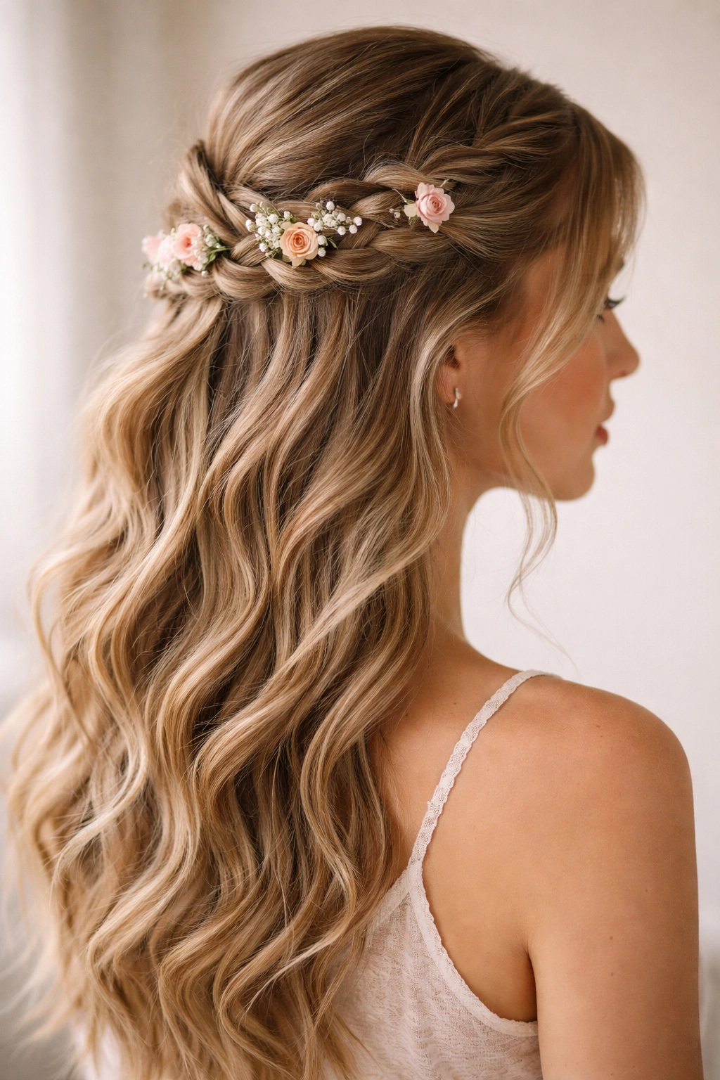 Dutch braid half-up with flowers threaded through the outer braid
