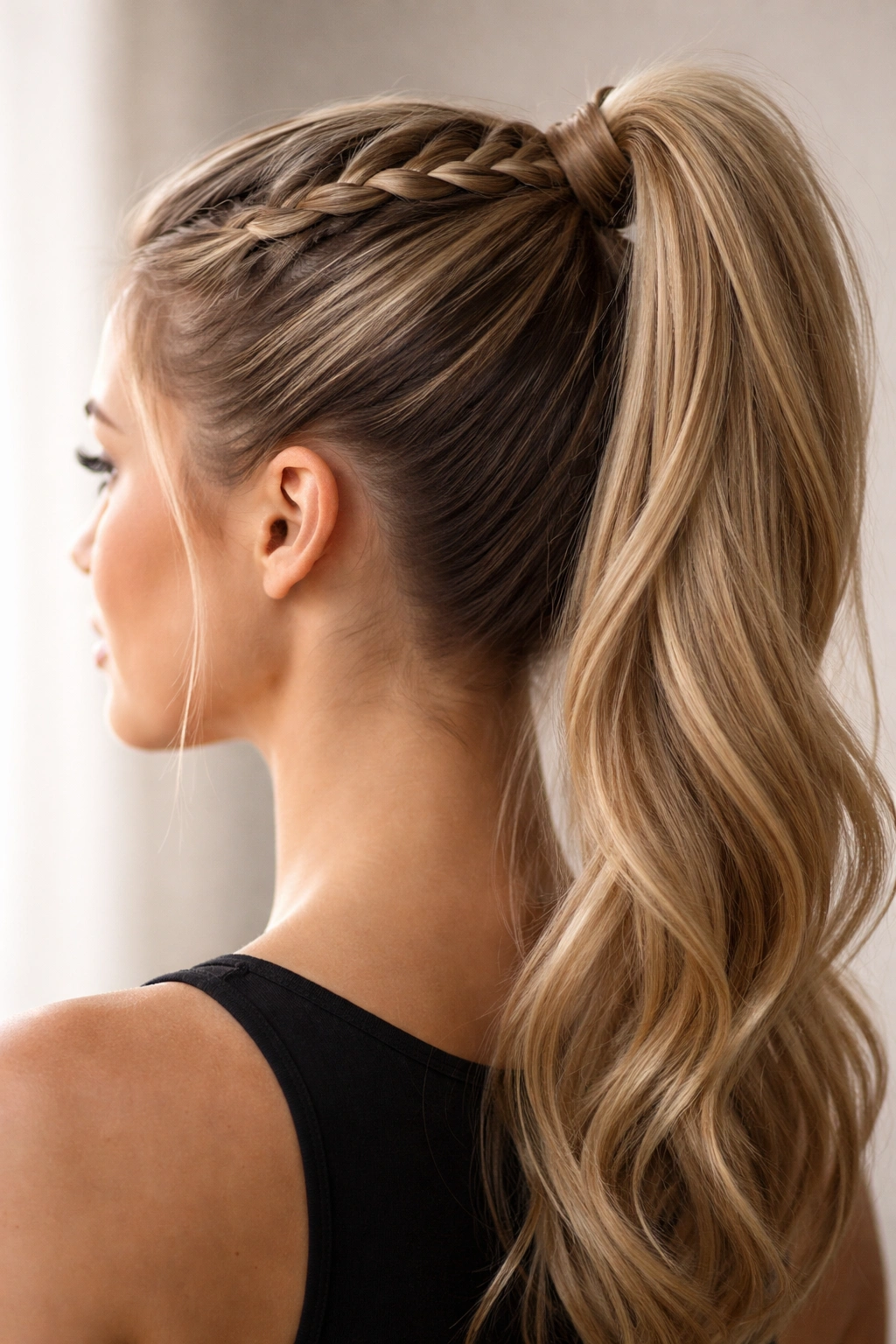 Close-up of Dutch braid high ponytail showing raised braid along scalp and secure hold