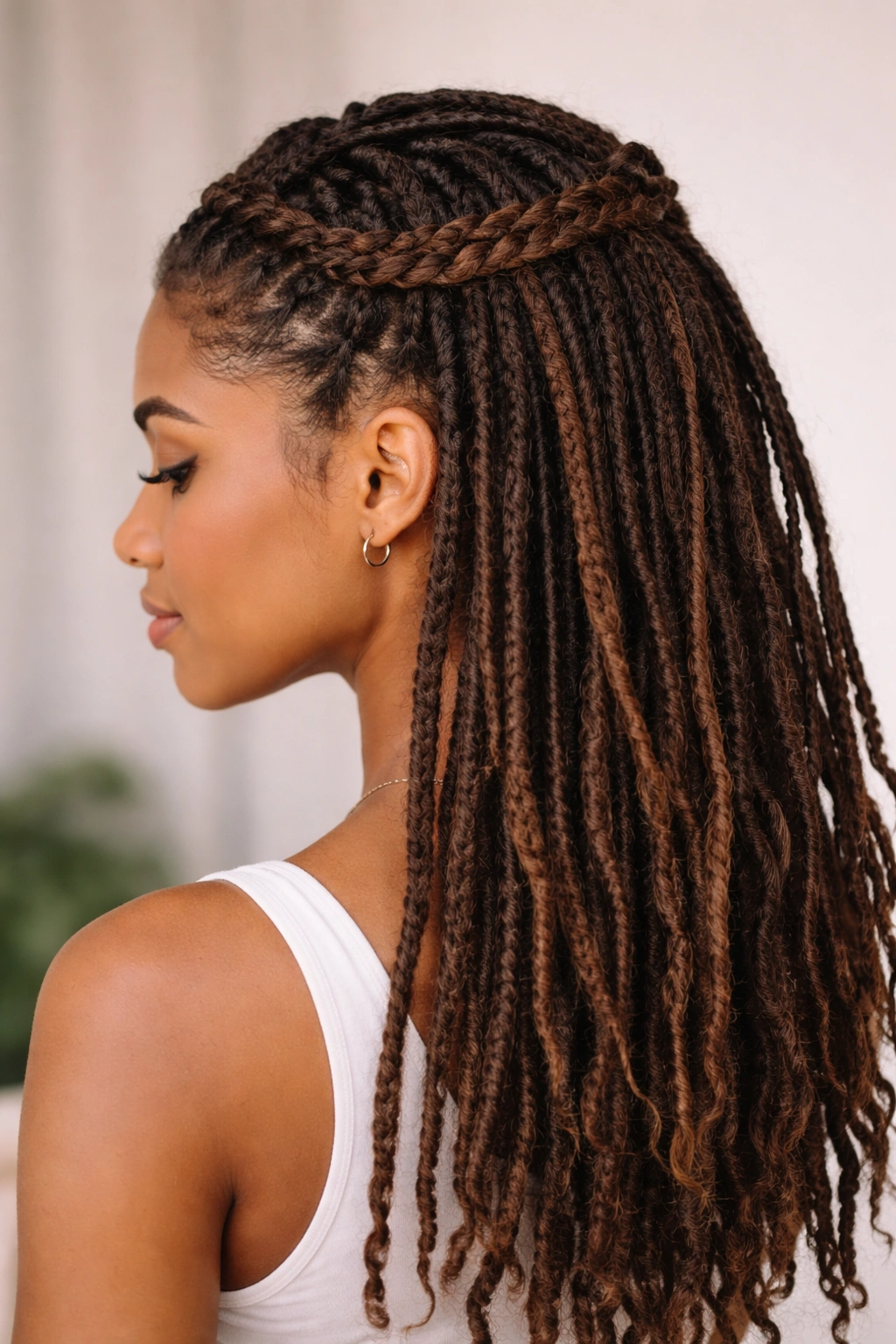Dutch braid half-up with pendant locs cascading from the crown