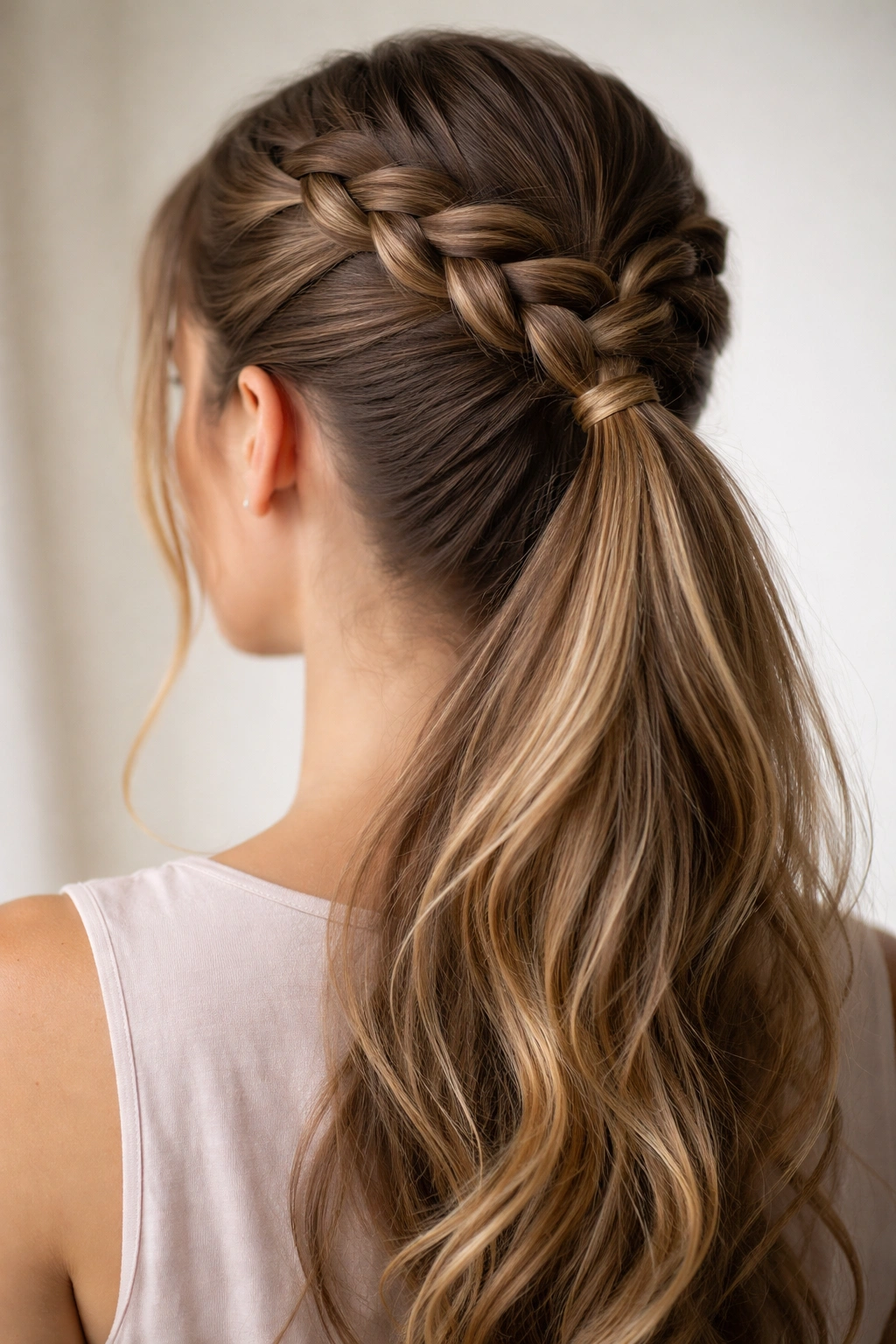 Close-up of a long-haired head with a raised Dutch braid starting at the crown and ending in a ponytail