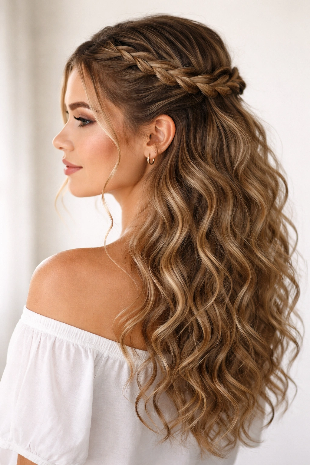 Dutch braid on top with loose waves cascading on bottom