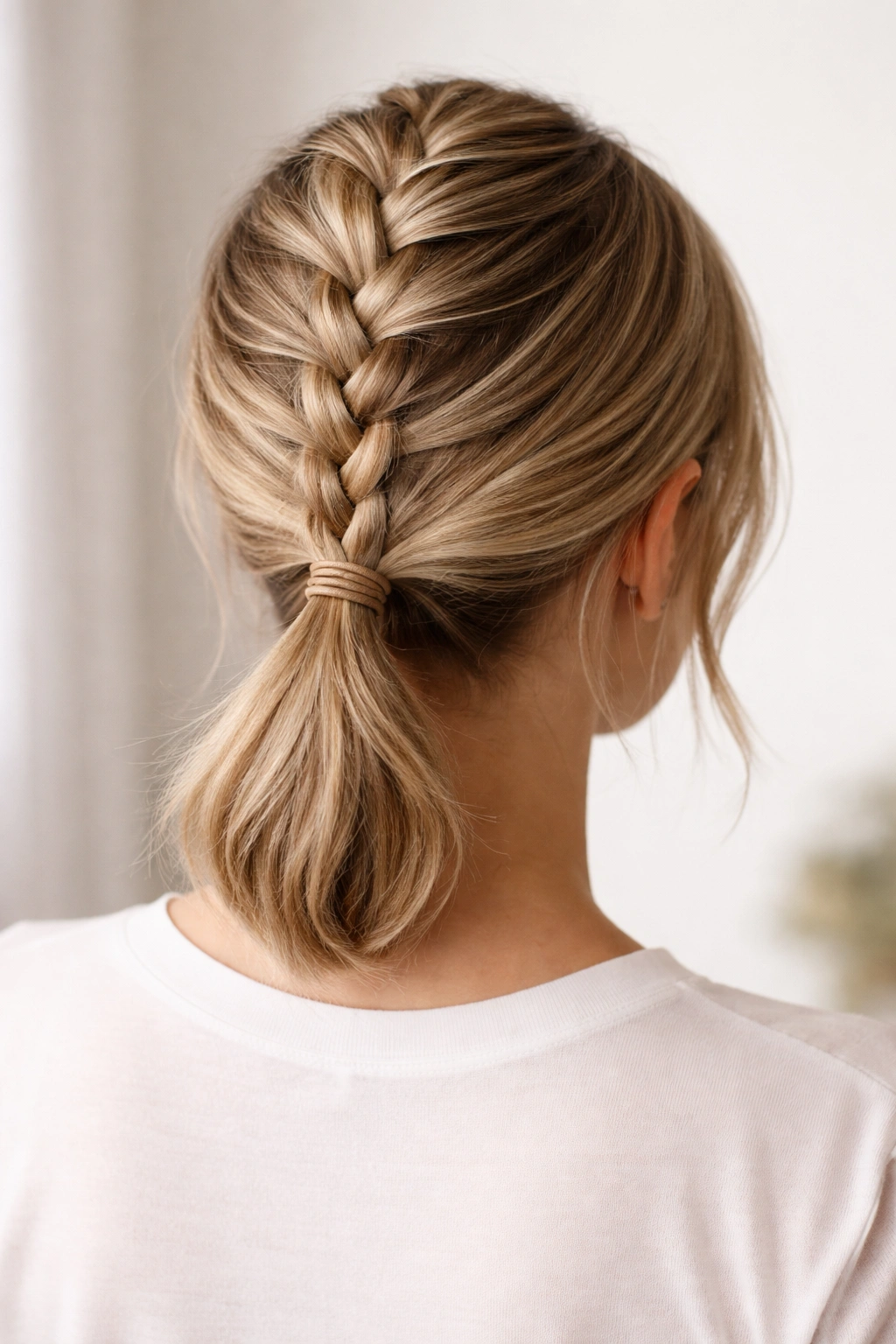 Back view of Dutch braid anchored into a low ponytail at the nape