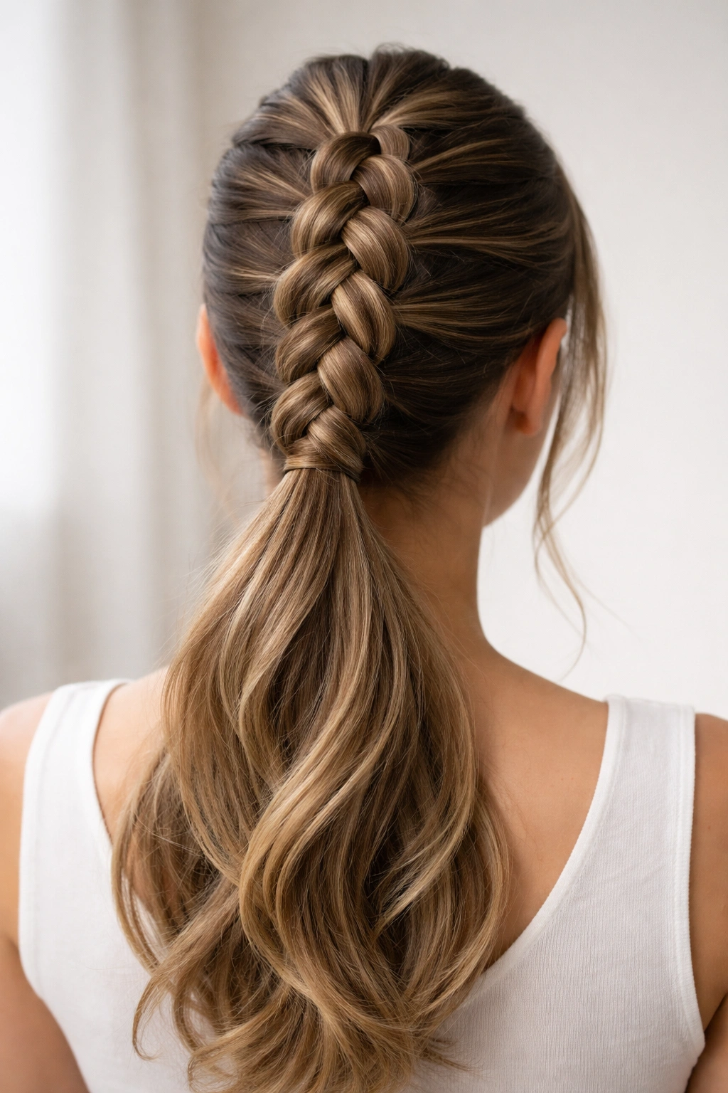 Close-up of a Dutch braided mid ponytail showing a prominent raised braid on top of the hair