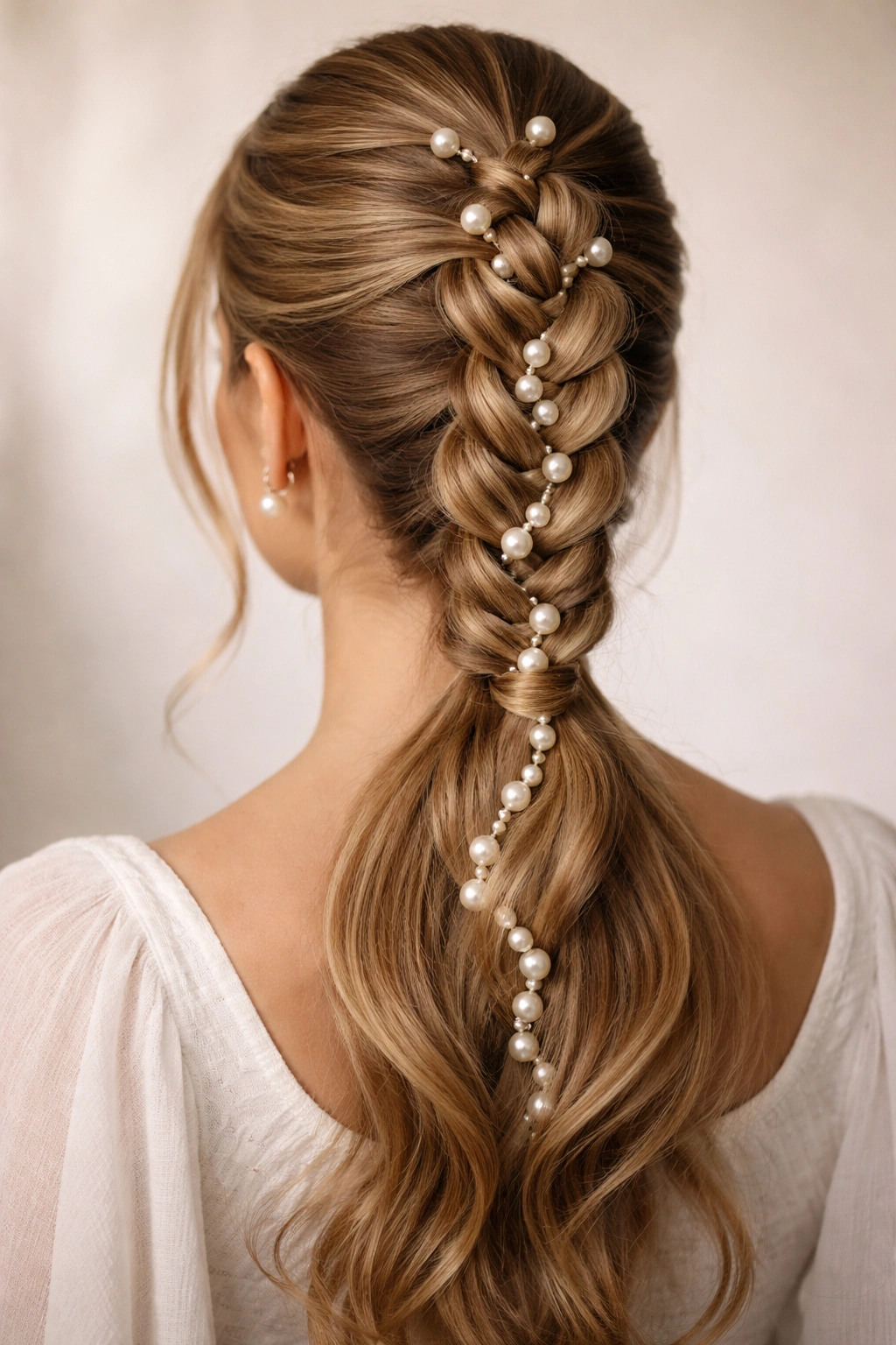 Dutch braid ponytail with pearl weave