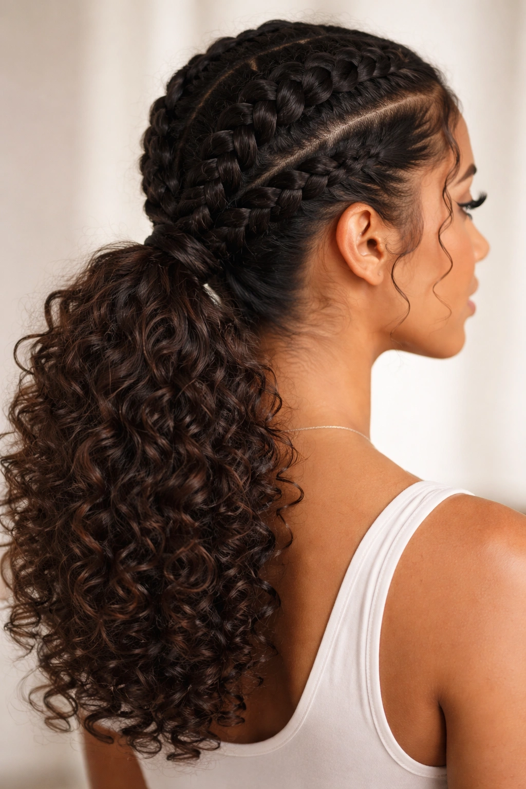 Dutch braids converging into a low ponytail highlighting curls.