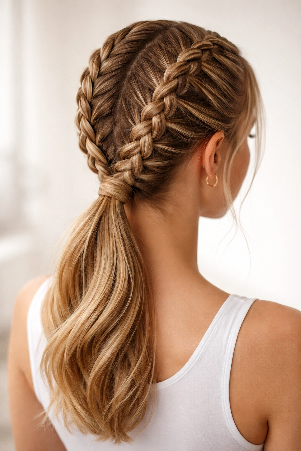 Close-up of Dutch Braids Into Low Ponytail showing two Dutch braids forming a neat low pony