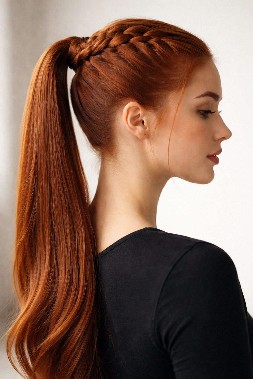 Side profile of red hair showing Dutch braid into sleek ponytail