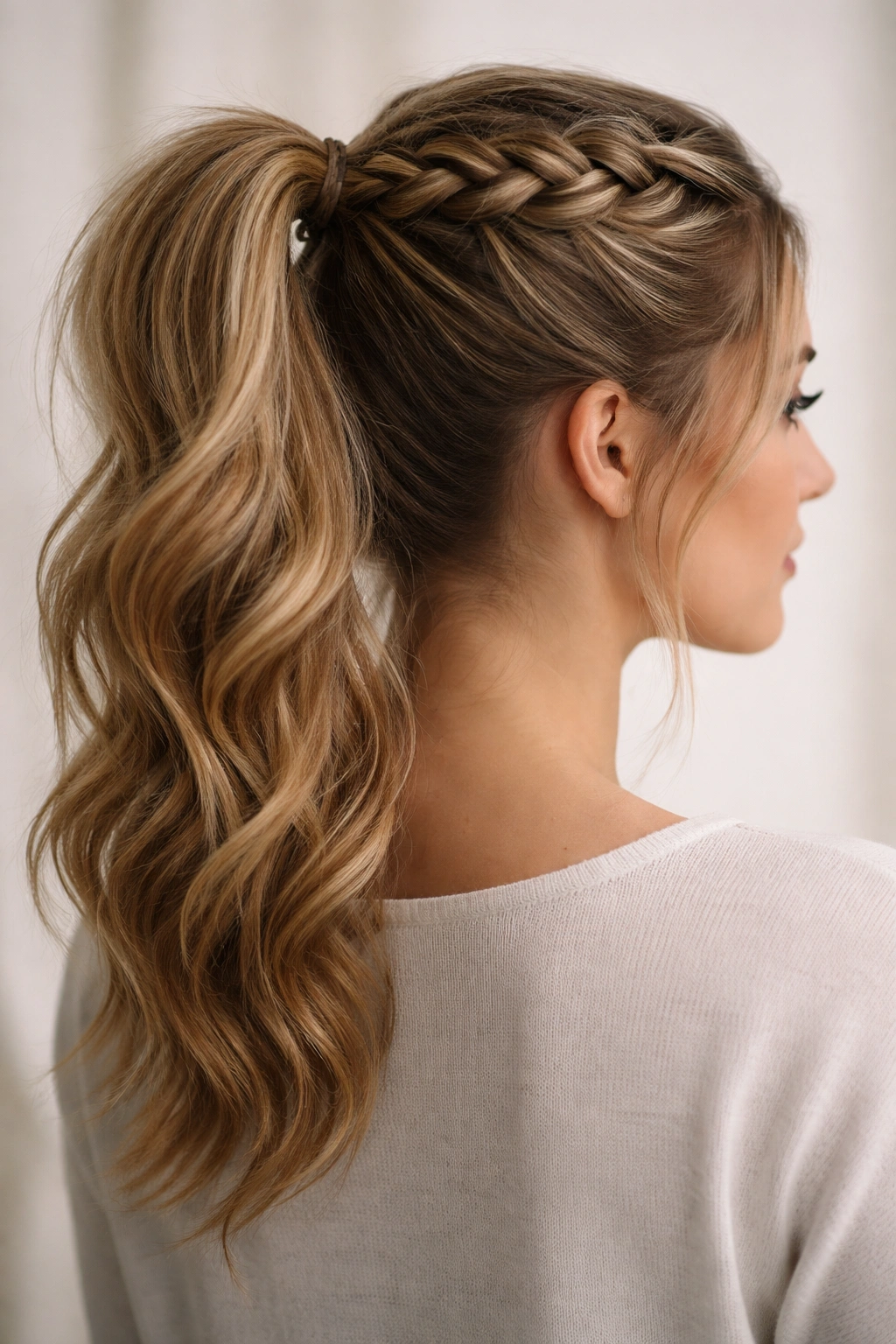 Dutch braid merging into a high ponytail