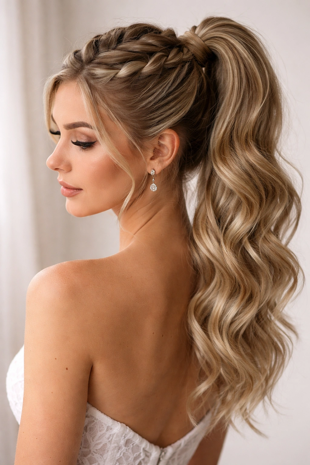 Dutch braid starting at crown and transitioning into a high ponytail