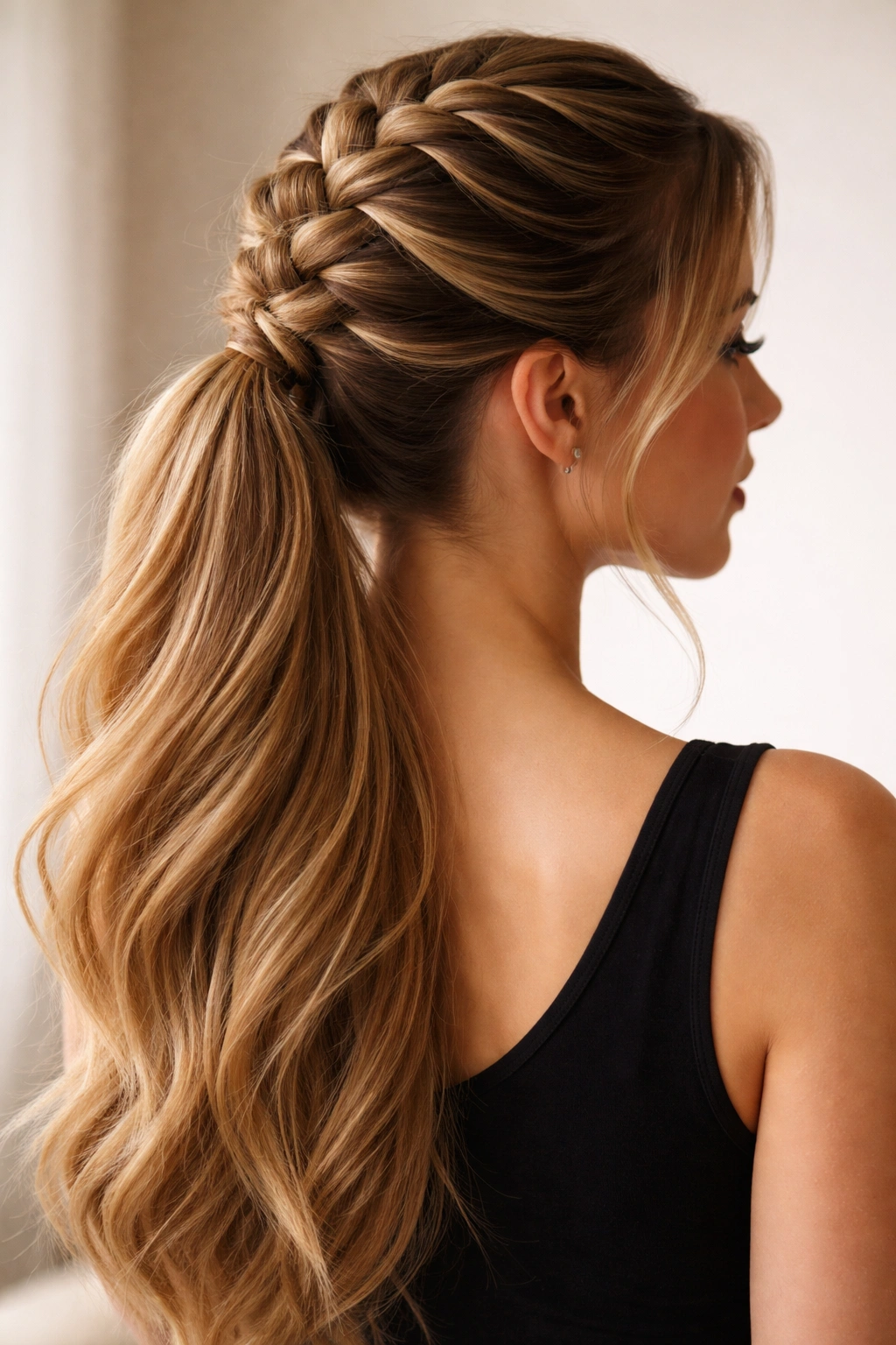 Close-up of a bold Dutch braid atop a long ponytail with raised crown texture