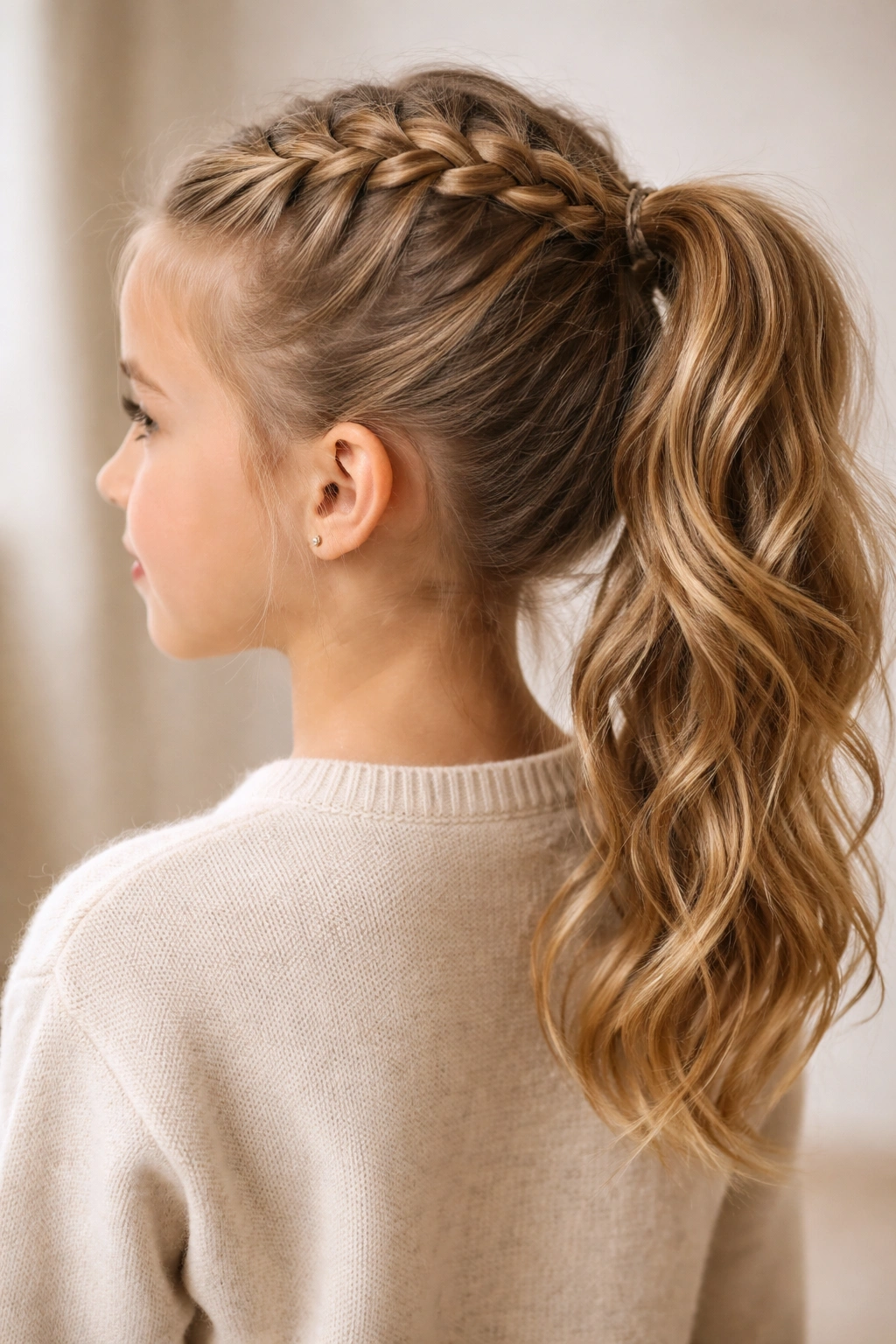 Close-up of a child’s Dutch braid on the crown leading to a ponytail.