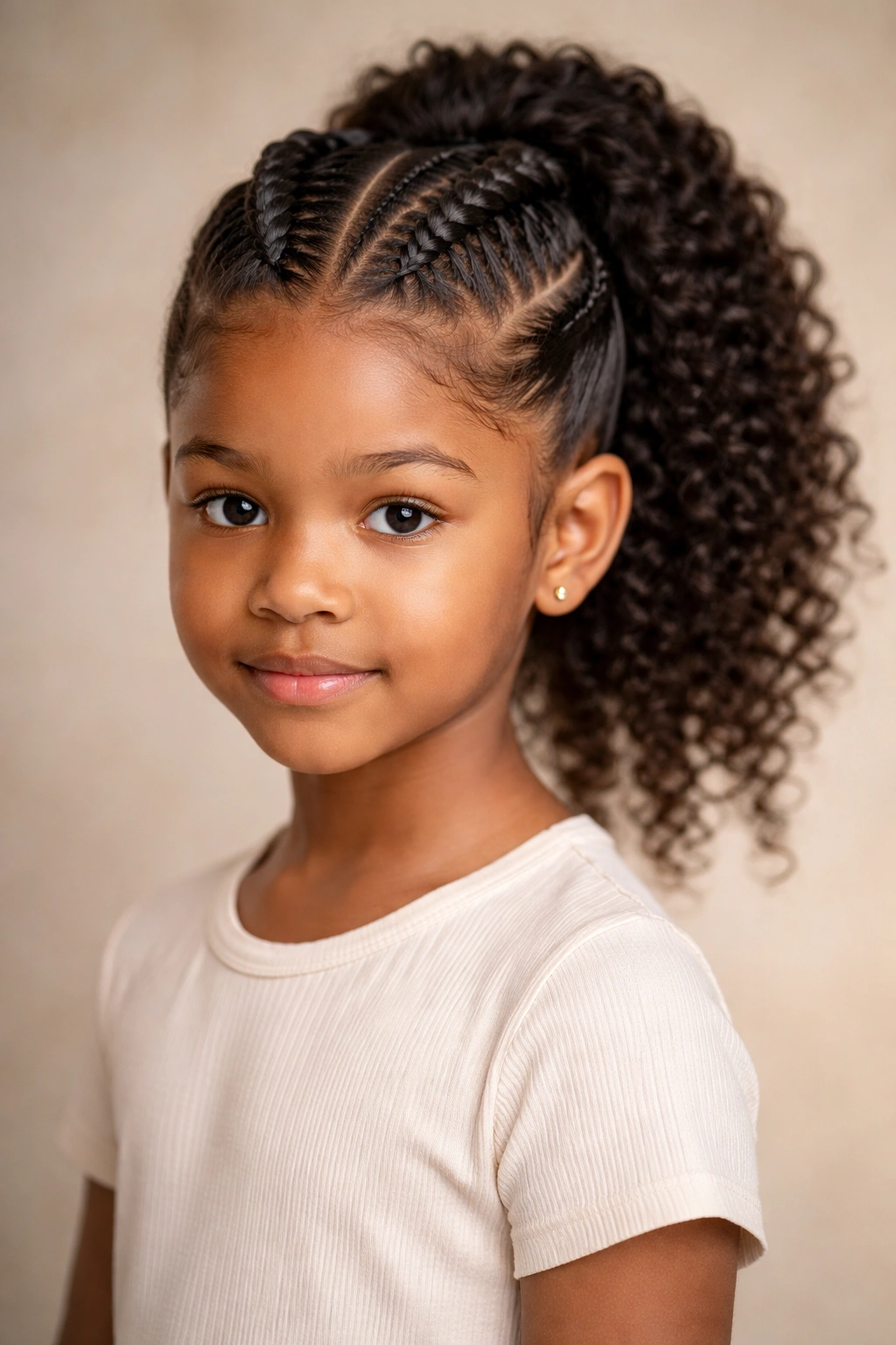 Frontal view of Dutch braids and cornrows converging into ponytail