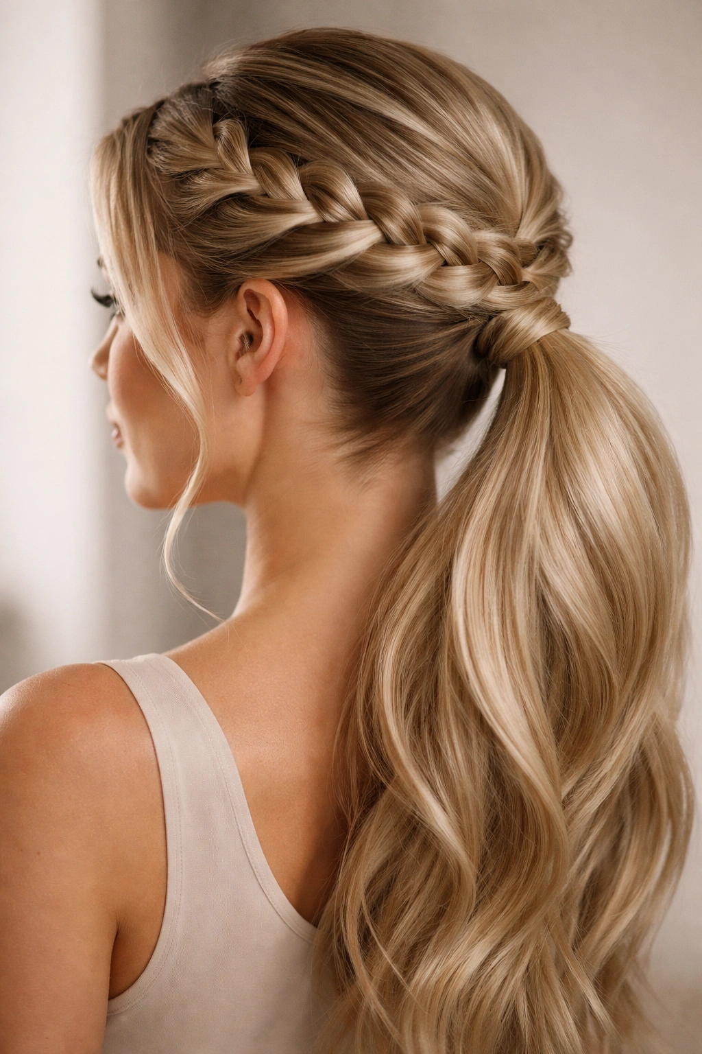 Low Dutch braid ponytail with pancake fullness at the nape